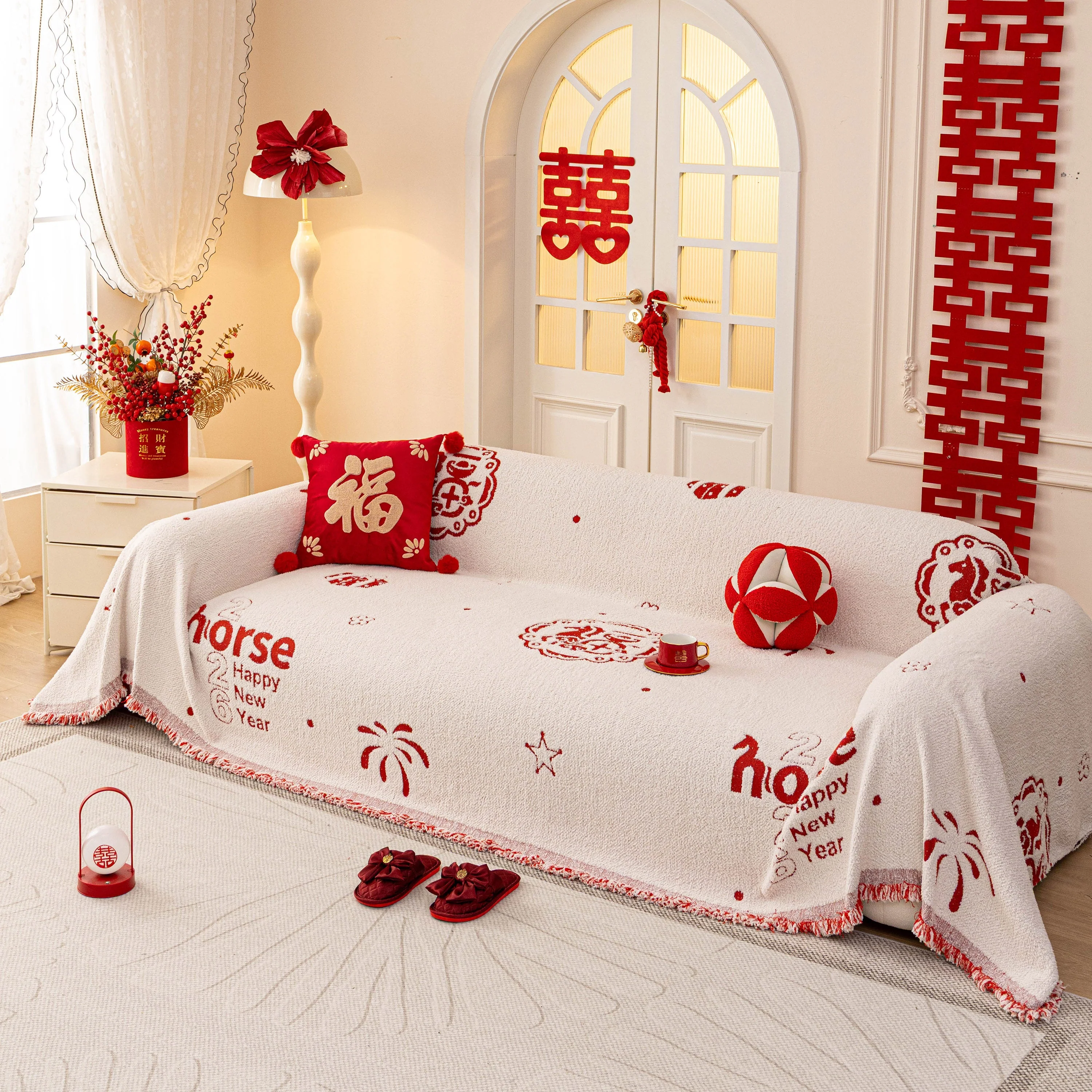 Chinese New Year Sofa Throw Cover Blanket, Decor Festive Red Fu Pattern Couch Cover - Image 61