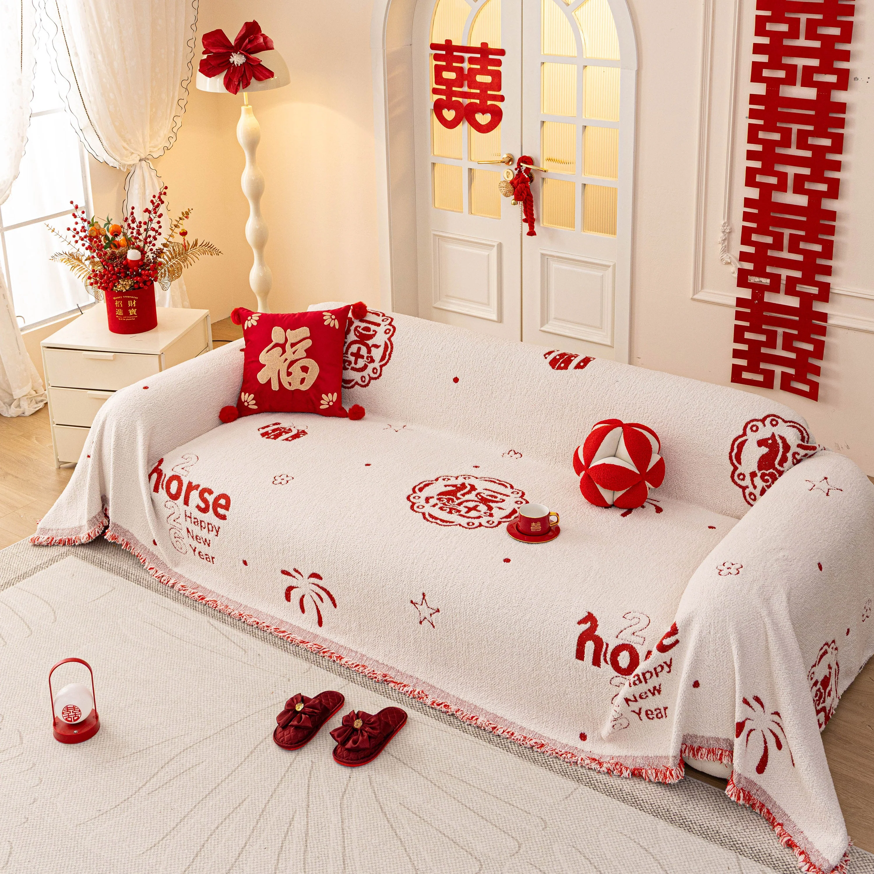 Chinese New Year Sofa Throw Cover Blanket, Decor Festive Red Fu Pattern Couch Cover - Image 62