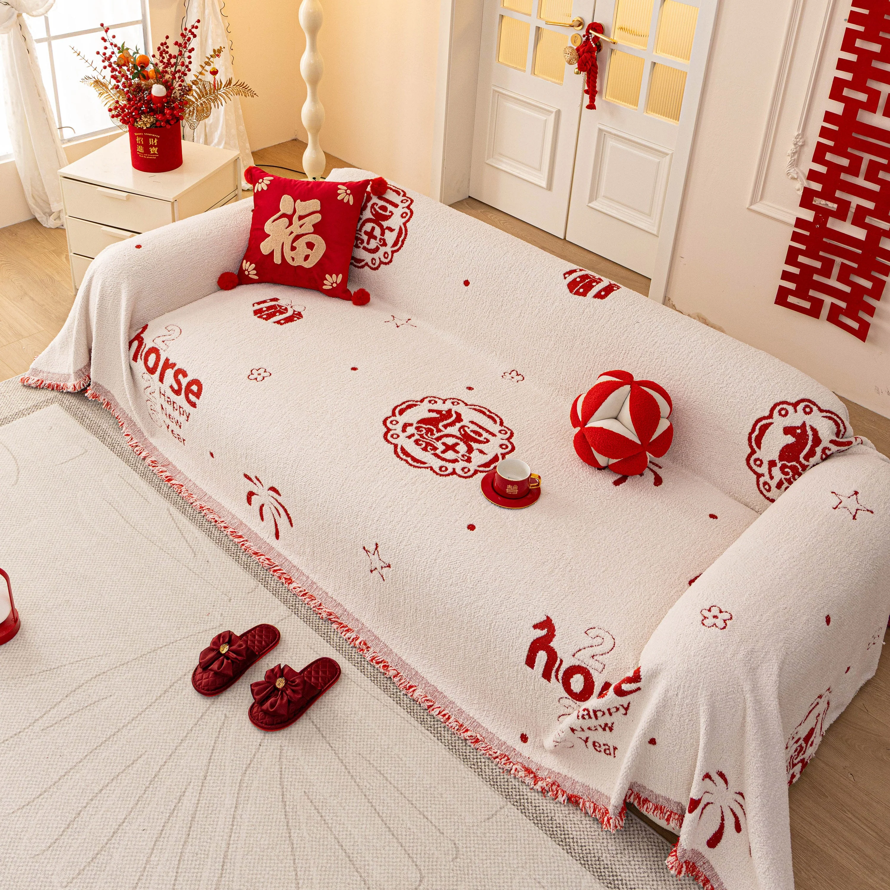Chinese New Year Sofa Throw Cover Blanket, Decor Festive Red Fu Pattern Couch Cover - Image 63