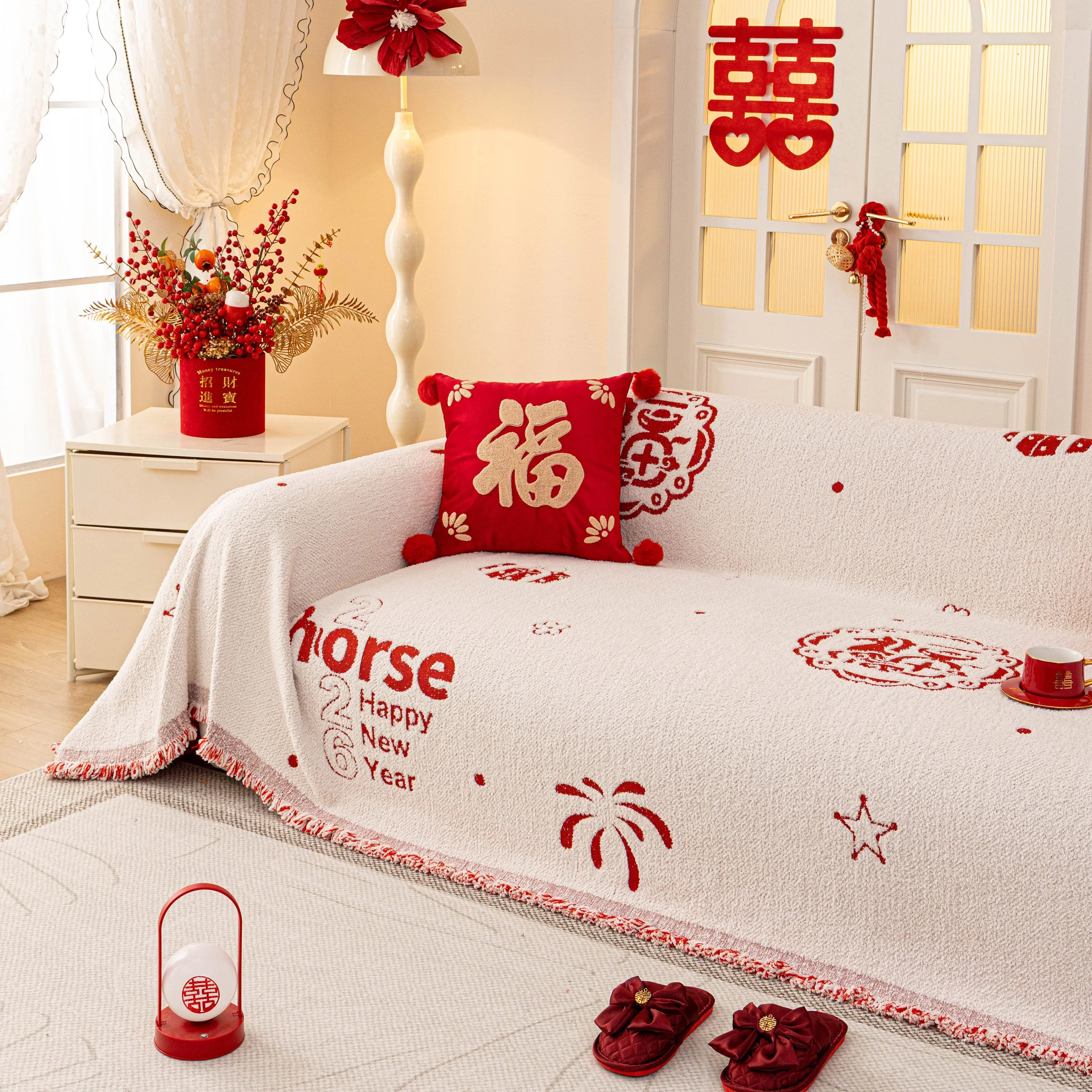 Chinese New Year Sofa Throw Cover Blanket, Decor Festive Red Fu Pattern Couch Cover - Image 64