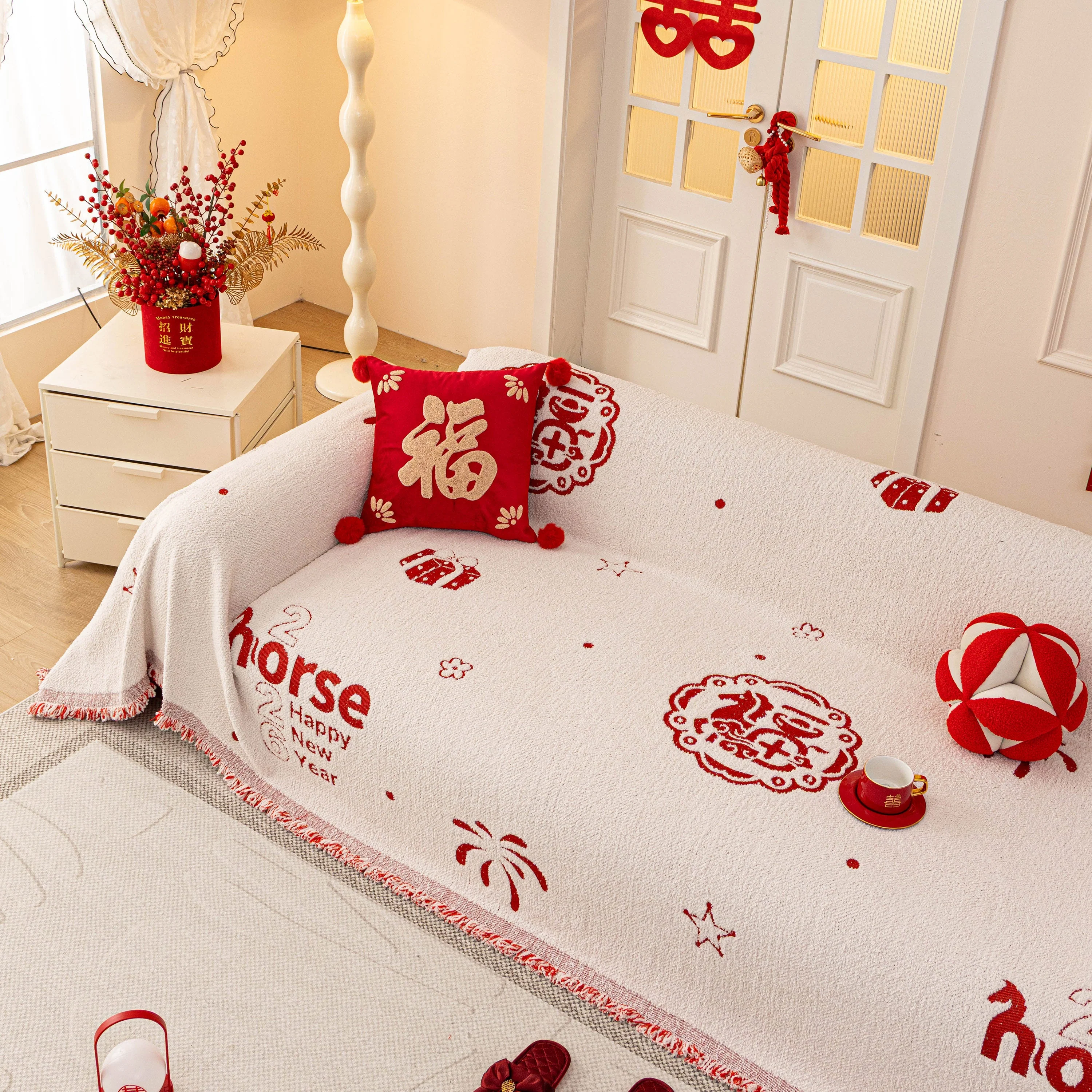 Chinese New Year Sofa Throw Cover Blanket, Decor Festive Red Fu Pattern Couch Cover - Image 65