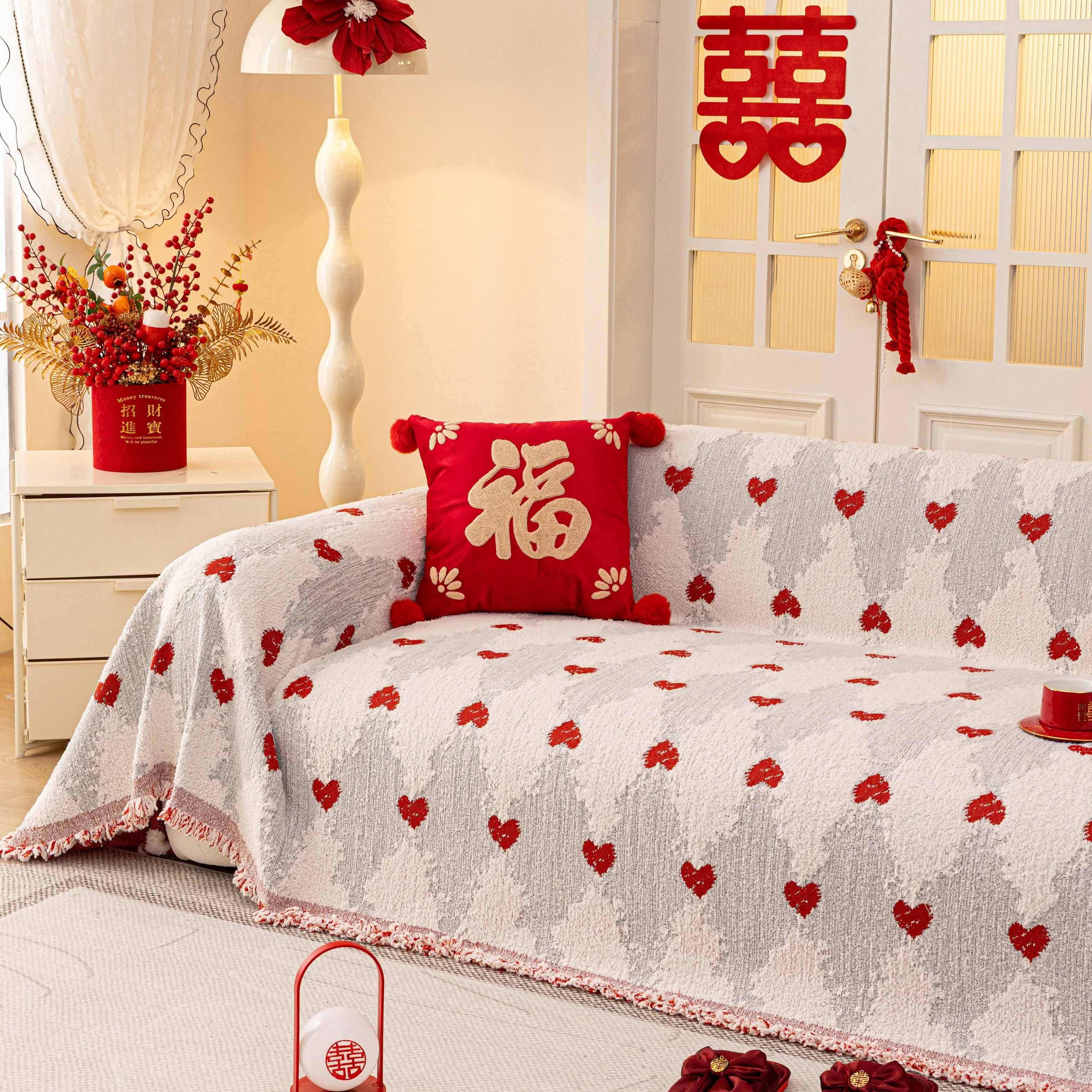Chinese New Year Sofa Throw Cover Blanket, Decor Festive Red Fu Pattern Couch Cover - Image 7