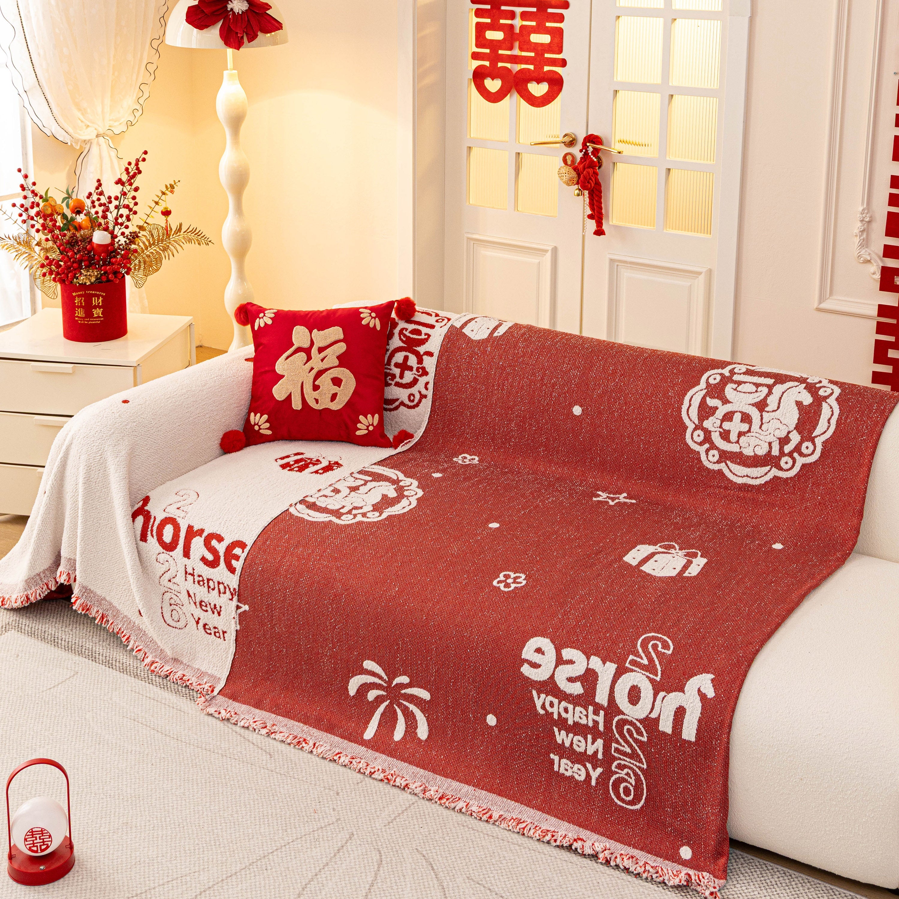 Chinese New Year Sofa Throw Cover Blanket, Decor Festive Red Fu Pattern Couch Cover - Image 72