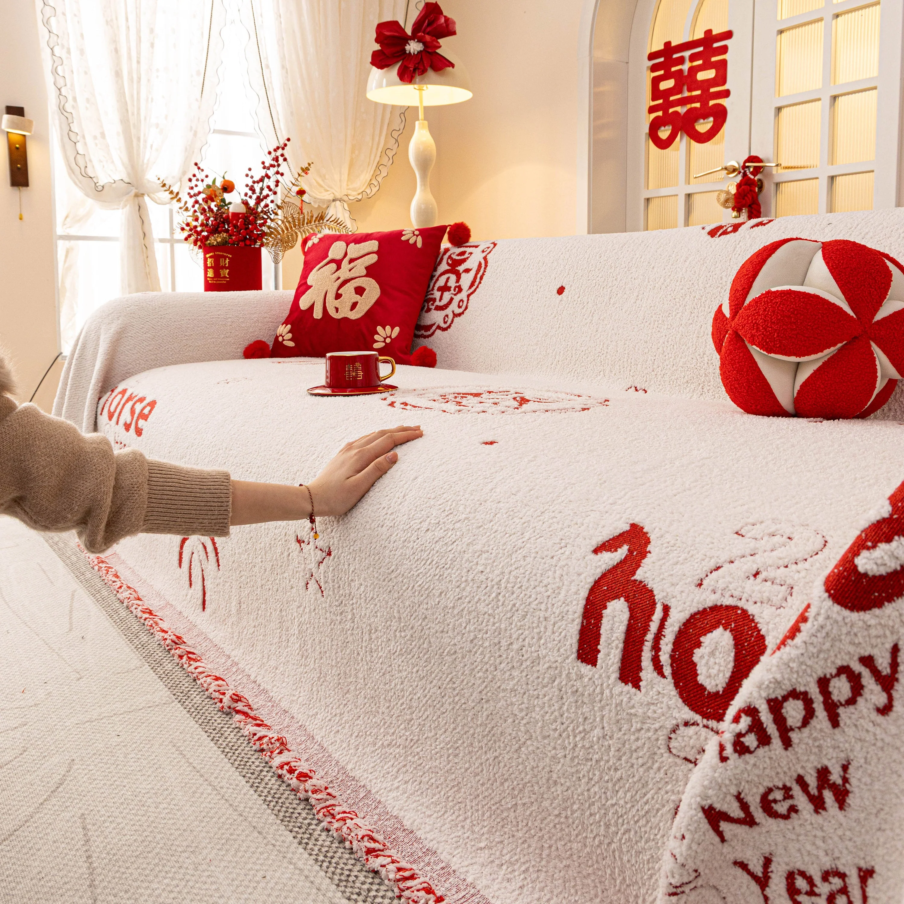 Chinese New Year Sofa Throw Cover Blanket, Decor Festive Red Fu Pattern Couch Cover - Image 76