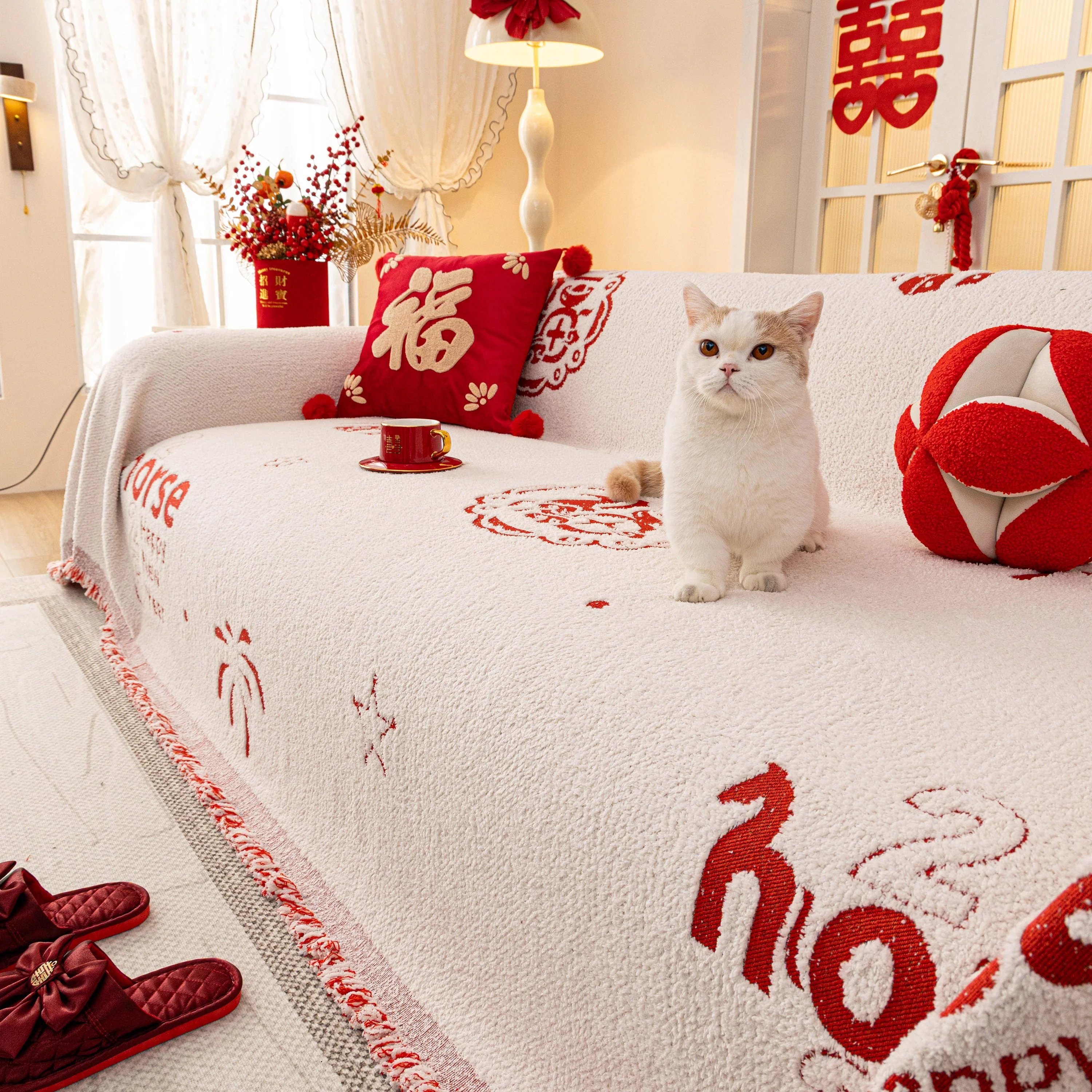 Chinese New Year Sofa Throw Cover Blanket, Decor Festive Red Fu Pattern Couch Cover - Image 77