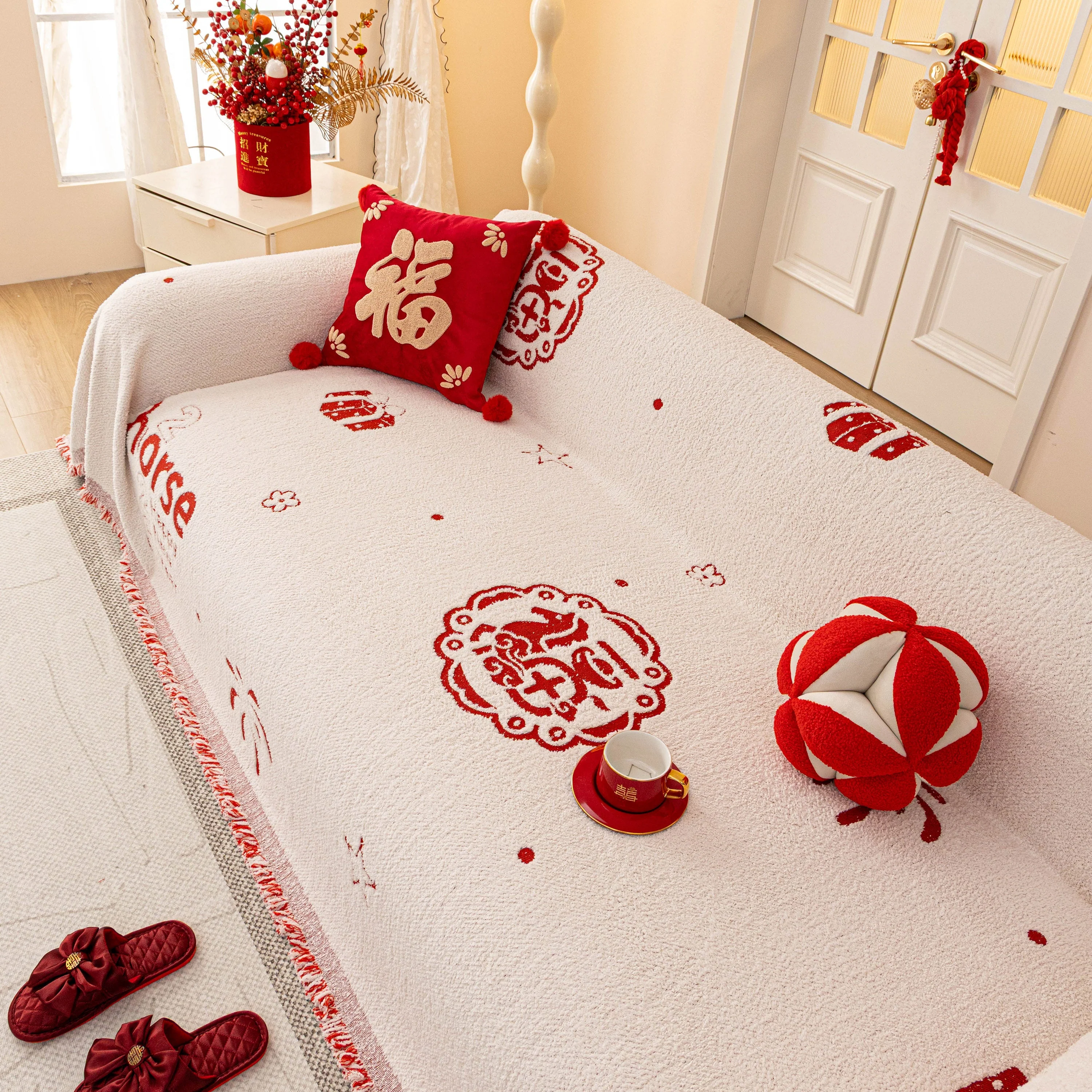 Chinese New Year Sofa Throw Cover Blanket, Decor Festive Red Fu Pattern Couch Cover - Image 79