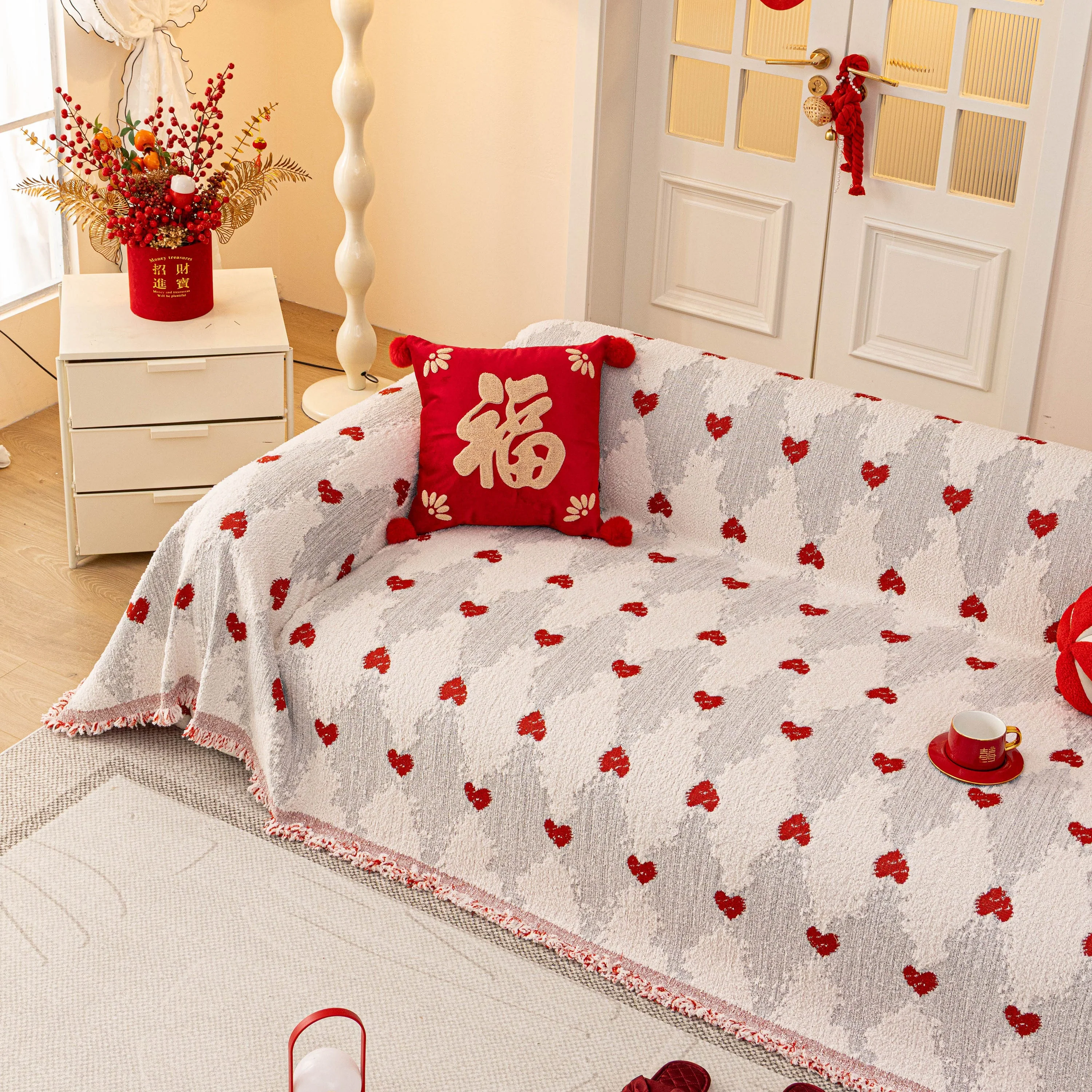 Chinese New Year Sofa Throw Cover Blanket, Decor Festive Red Fu Pattern Couch Cover - Image 8