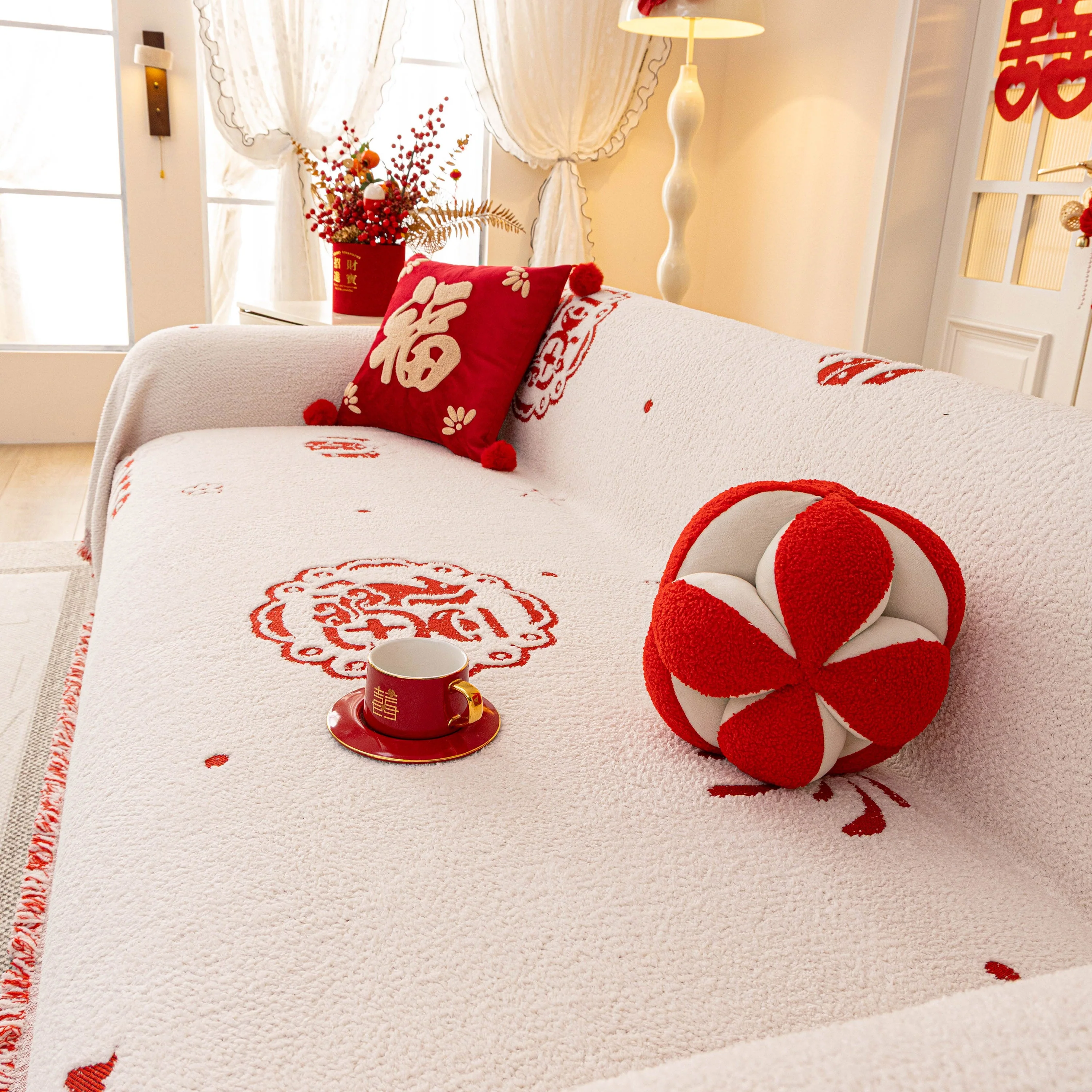 Chinese New Year Sofa Throw Cover Blanket, Decor Festive Red Fu Pattern Couch Cover - Image 80