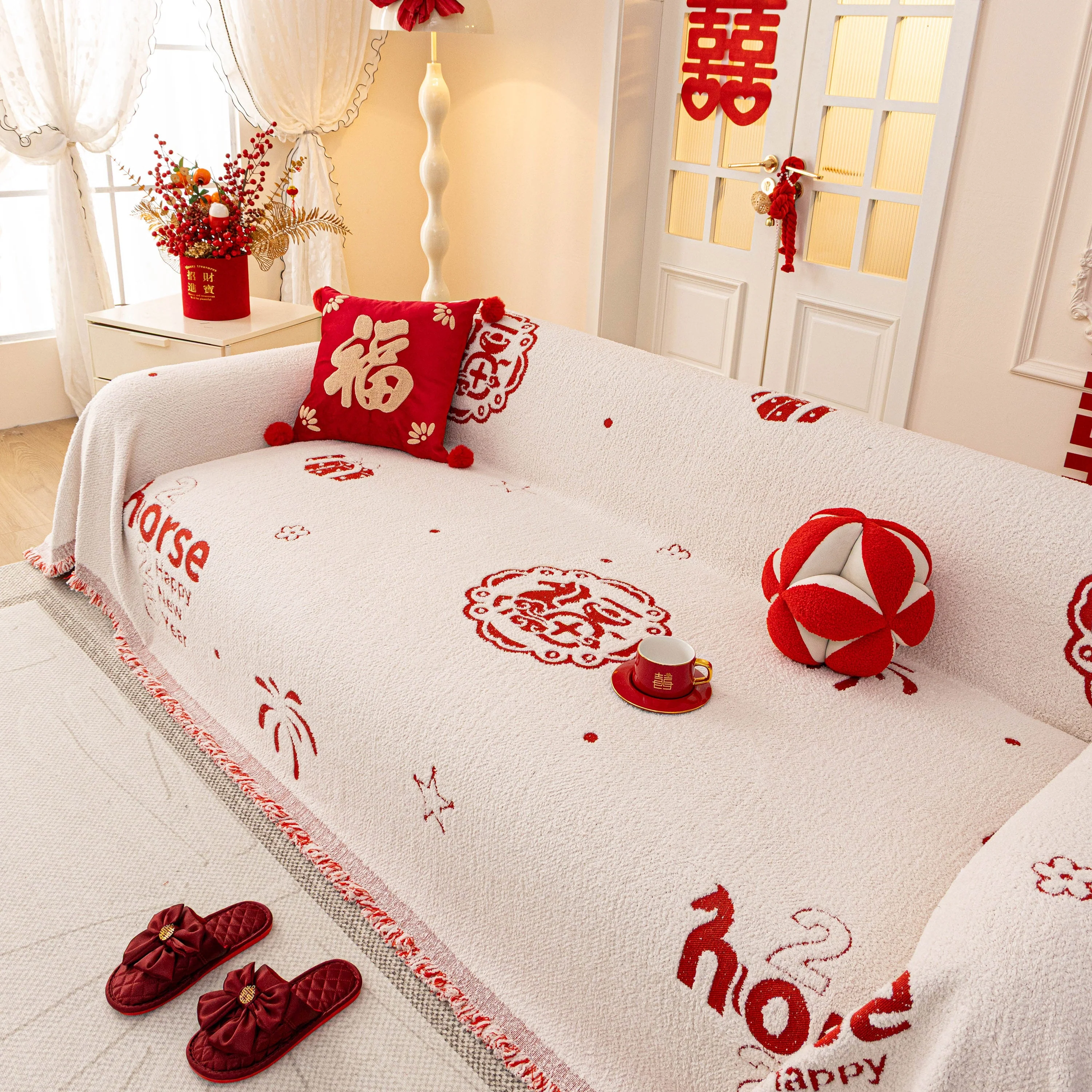 Chinese New Year Sofa Throw Cover Blanket, Decor Festive Red Fu Pattern Couch Cover - Image 81