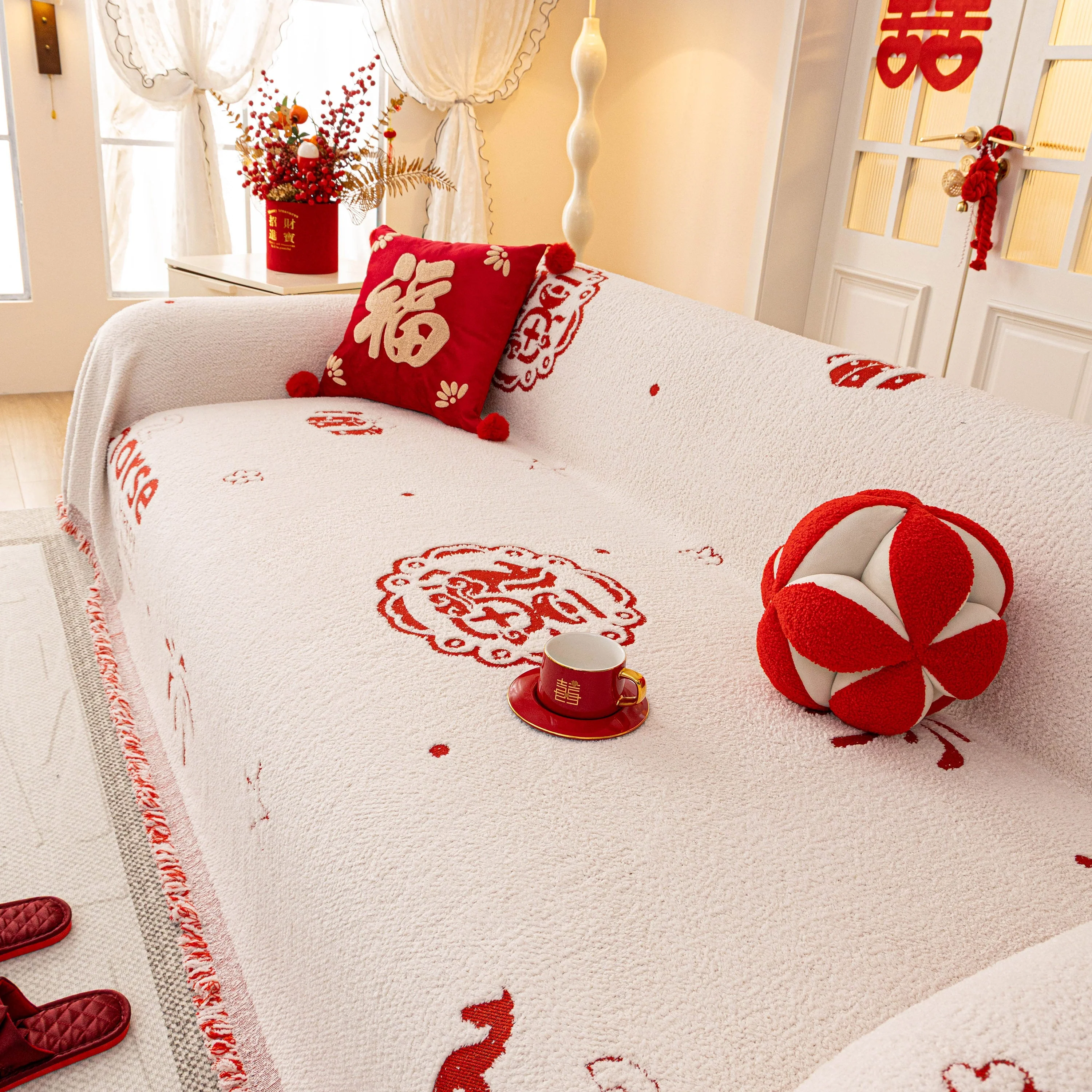 Chinese New Year Sofa Throw Cover Blanket, Decor Festive Red Fu Pattern Couch Cover - Image 82