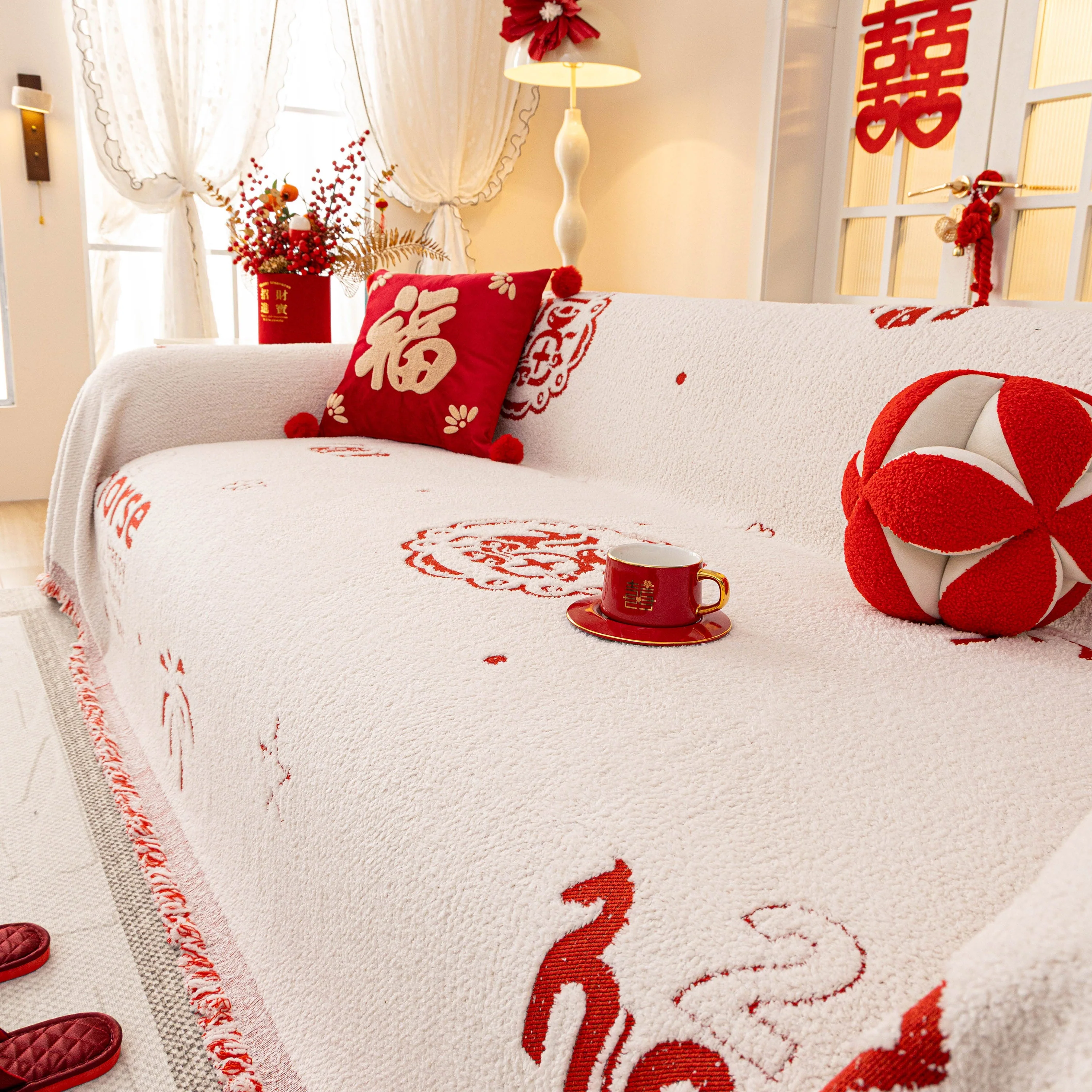 Chinese New Year Sofa Throw Cover Blanket, Decor Festive Red Fu Pattern Couch Cover - Image 83