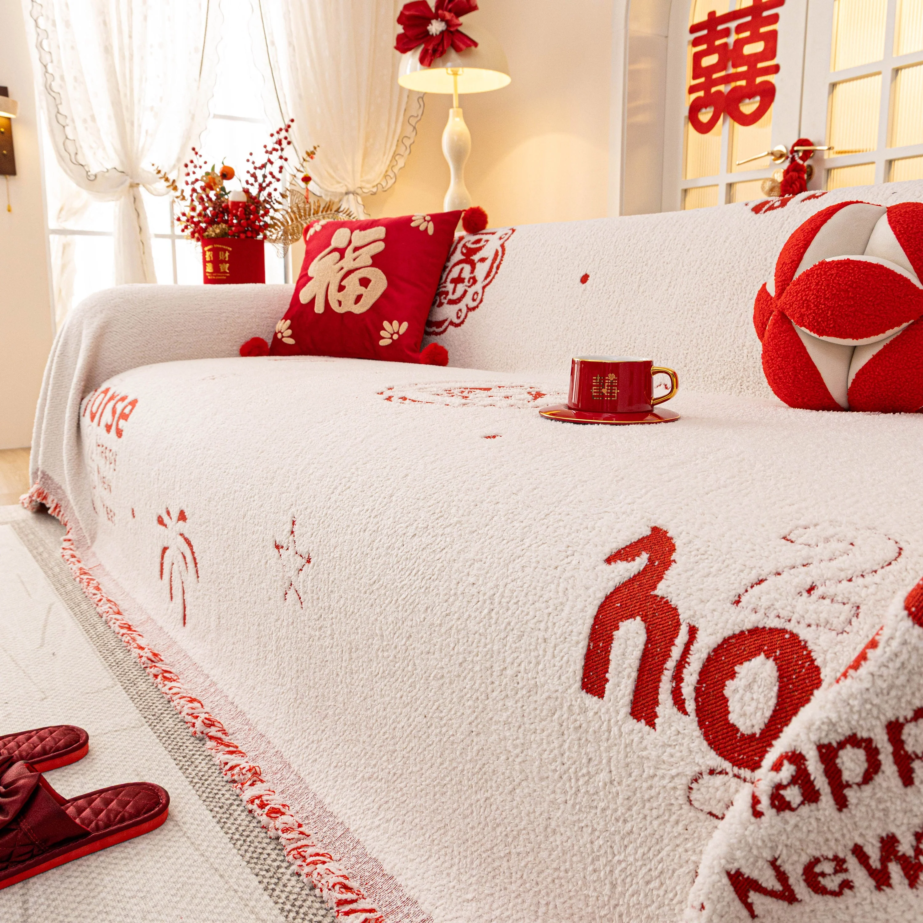 Chinese New Year Sofa Throw Cover Blanket, Decor Festive Red Fu Pattern Couch Cover - Image 84