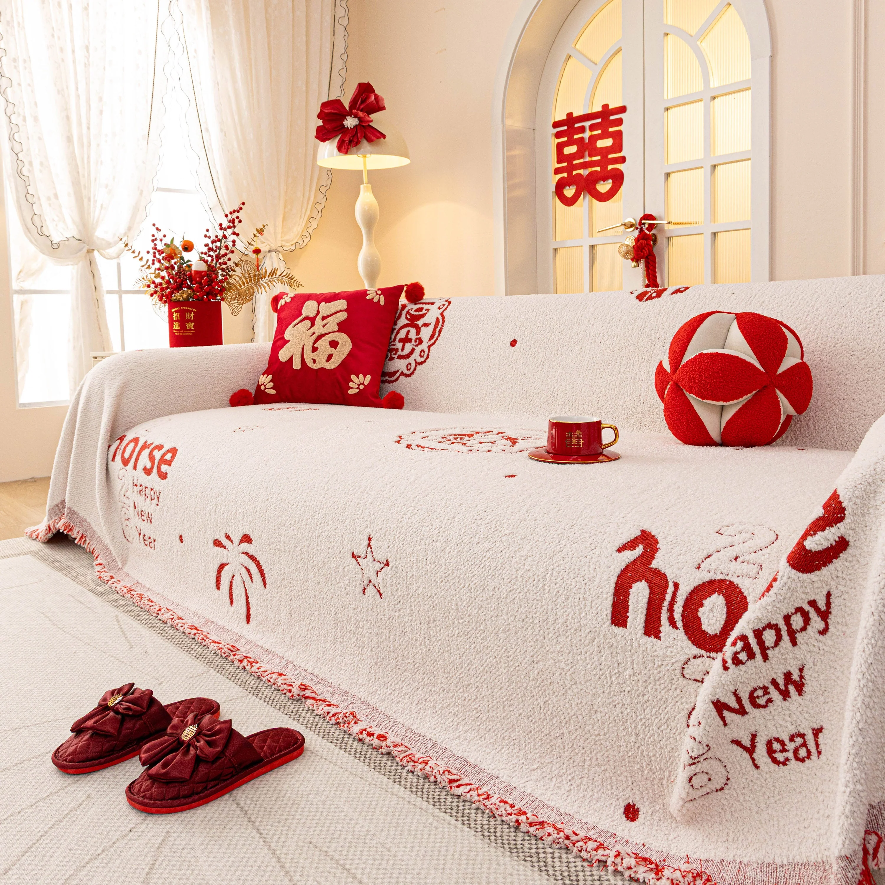 Chinese New Year Sofa Throw Cover Blanket, Decor Festive Red Fu Pattern Couch Cover - Image 86