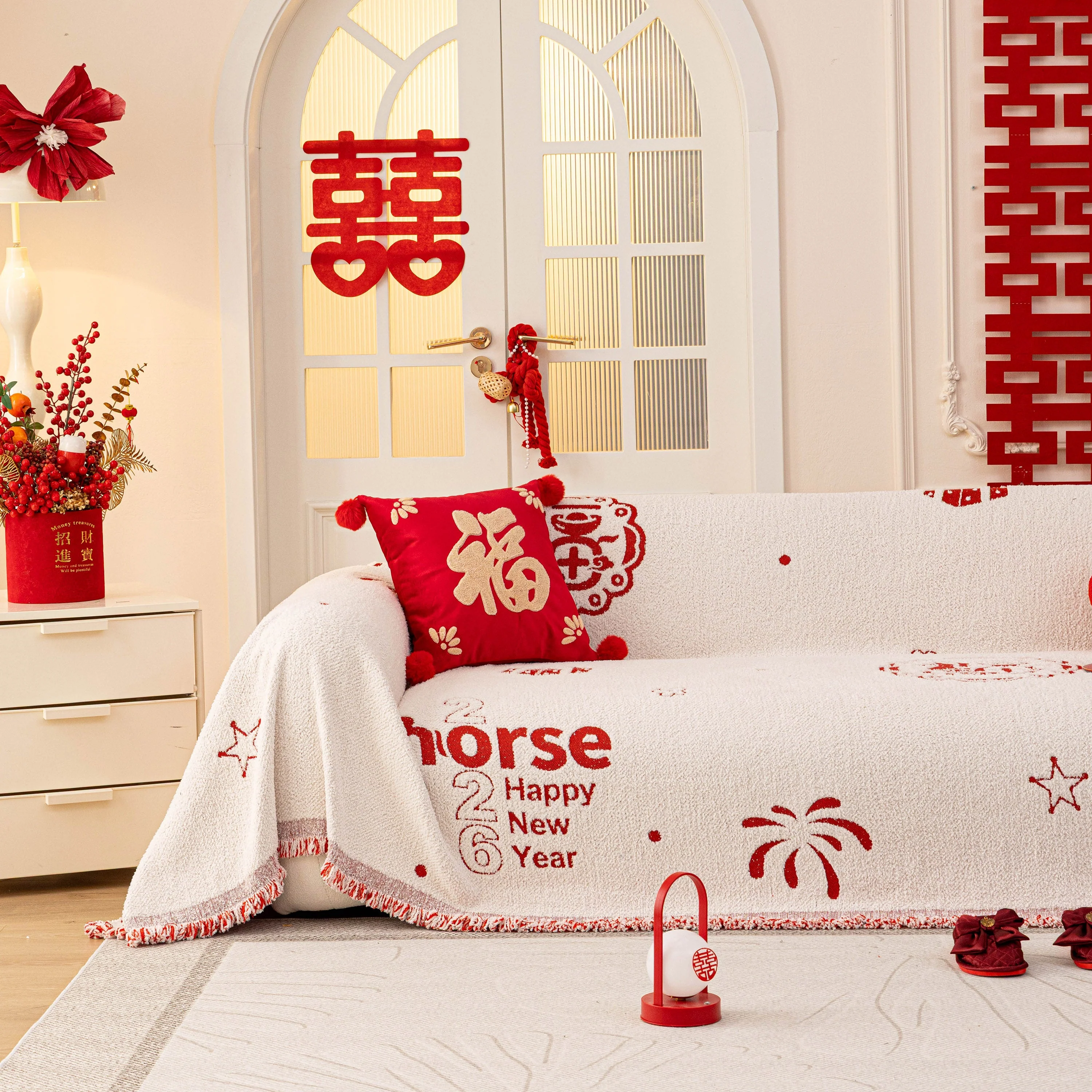 Chinese New Year Sofa Throw Cover Blanket, Decor Festive Red Fu Pattern Couch Cover - Image 87