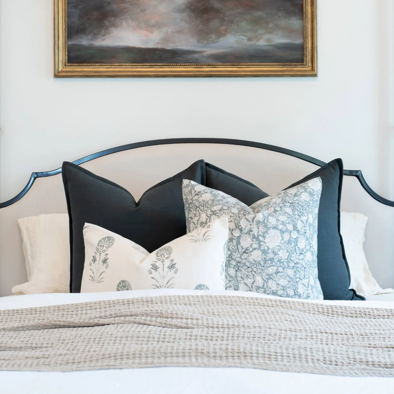 Chloe Floral Block Printed Pillow Cover | Blue - Image 3