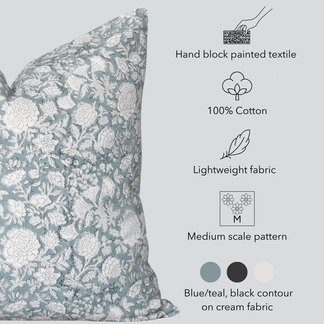 Chloe Floral Block Printed Pillow Cover | Blue - Image 4