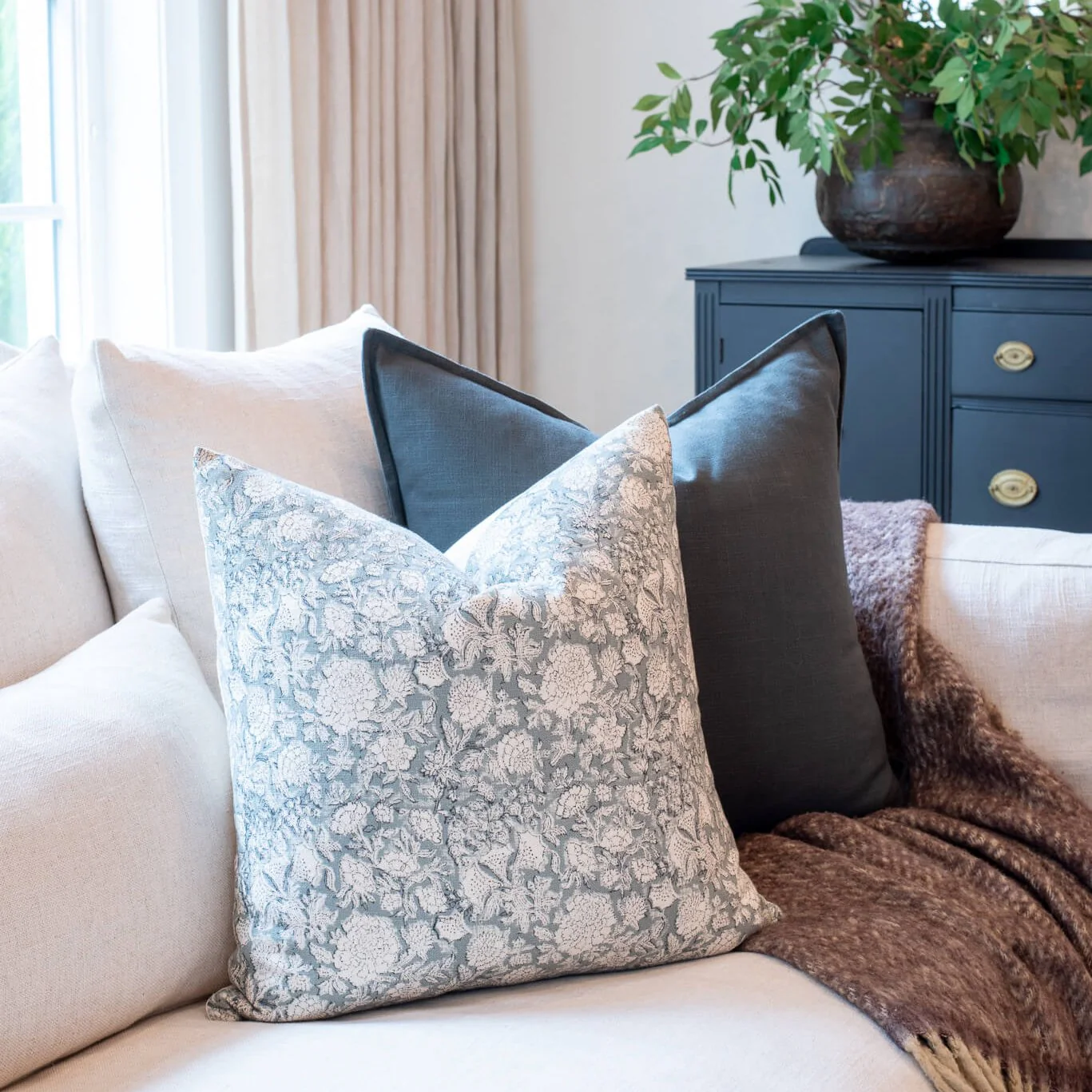 Chloe Floral Block Printed Pillow Cover | Blue - Image 5