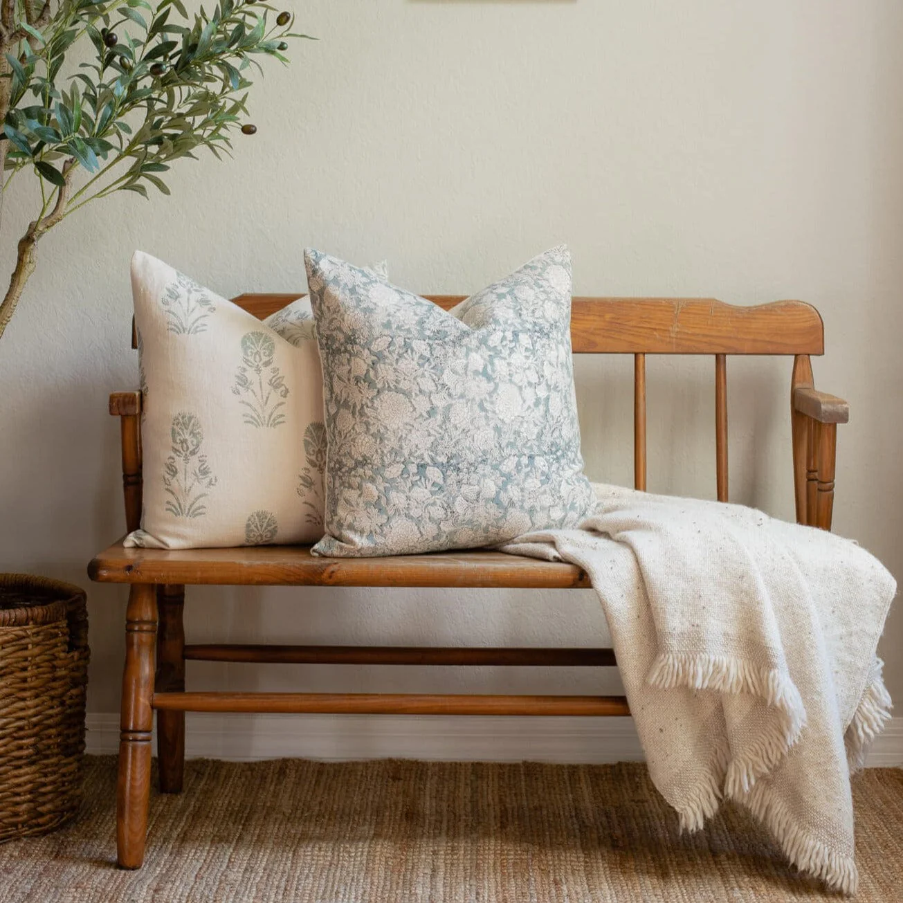 Chloe Floral Block Printed Pillow Cover | Blue - Image 6