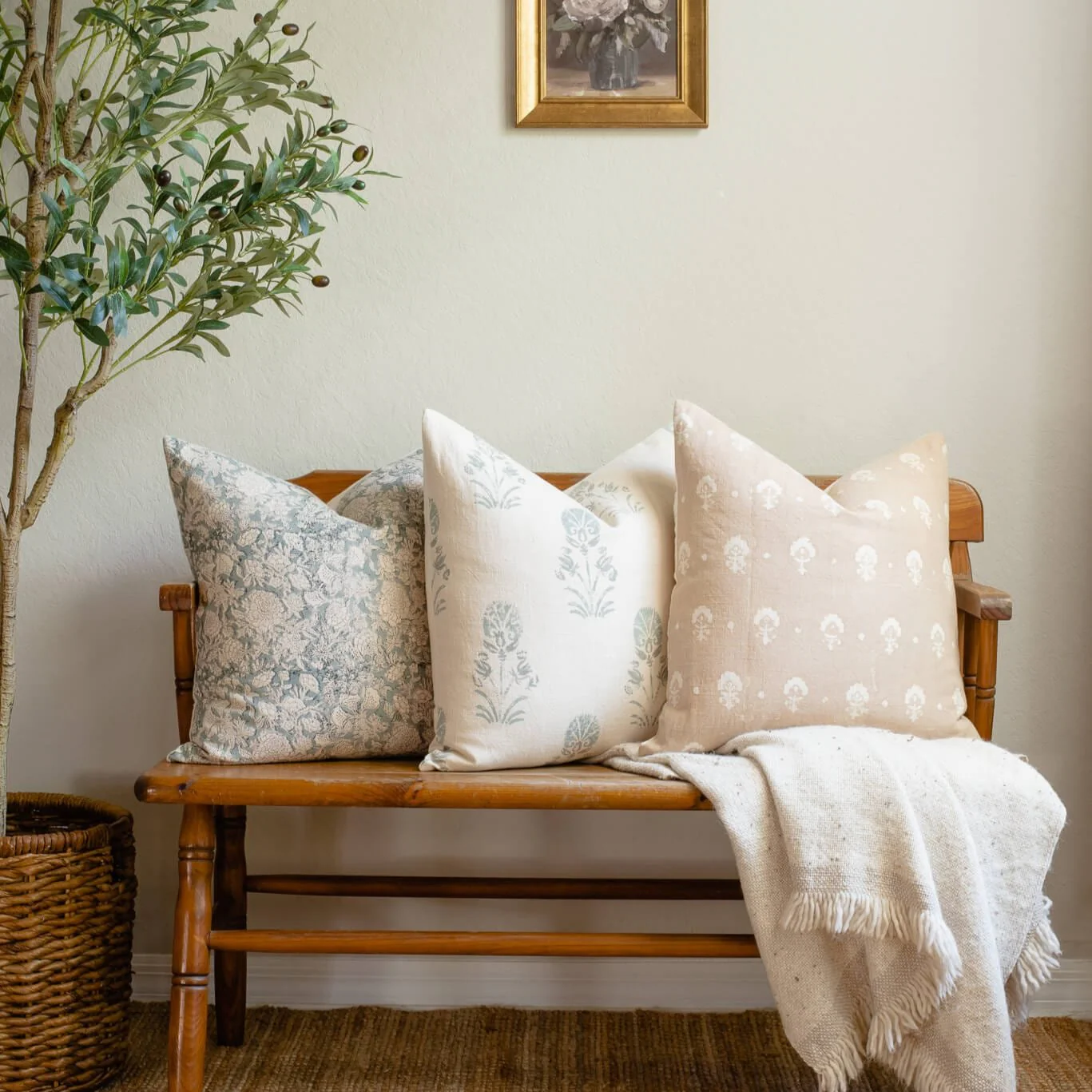Chloe Floral Block Printed Pillow Cover | Blue - Image 7