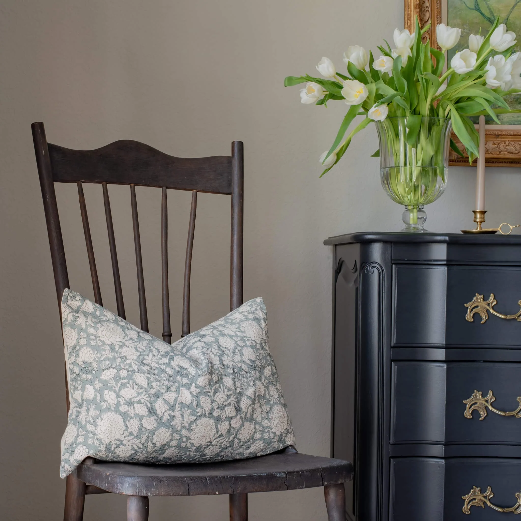 Chloe Floral Block Printed Pillow Cover | Blue | Lumbar - Image 2