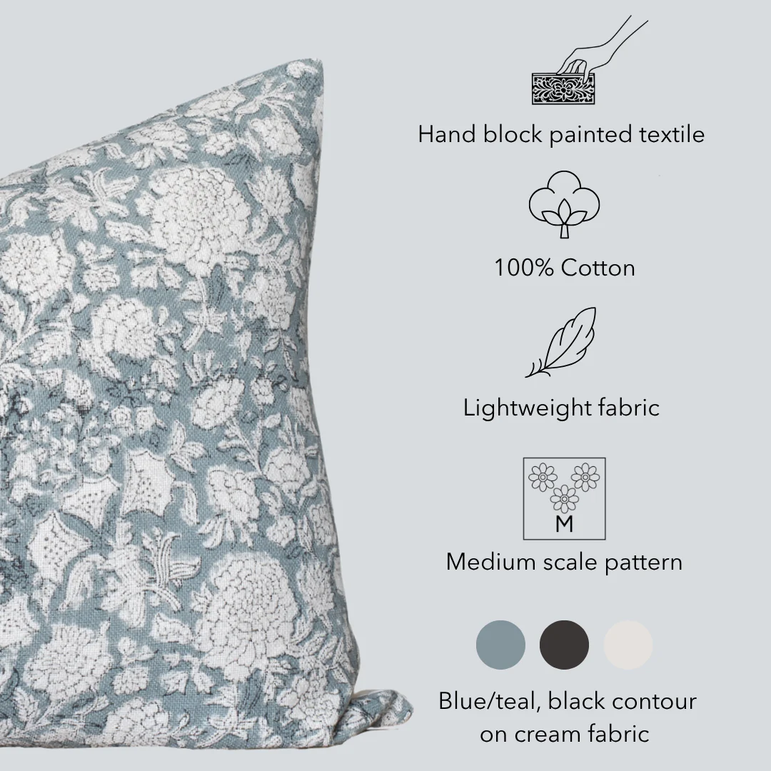 Chloe Floral Block Printed Pillow Cover | Blue | Lumbar - Image 3