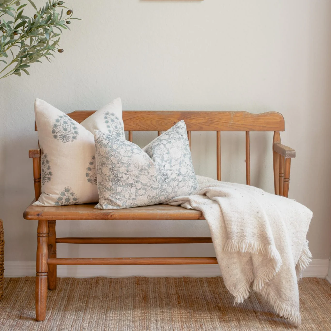 Chloe Floral Block Printed Pillow Cover | Blue | Lumbar - Image 6