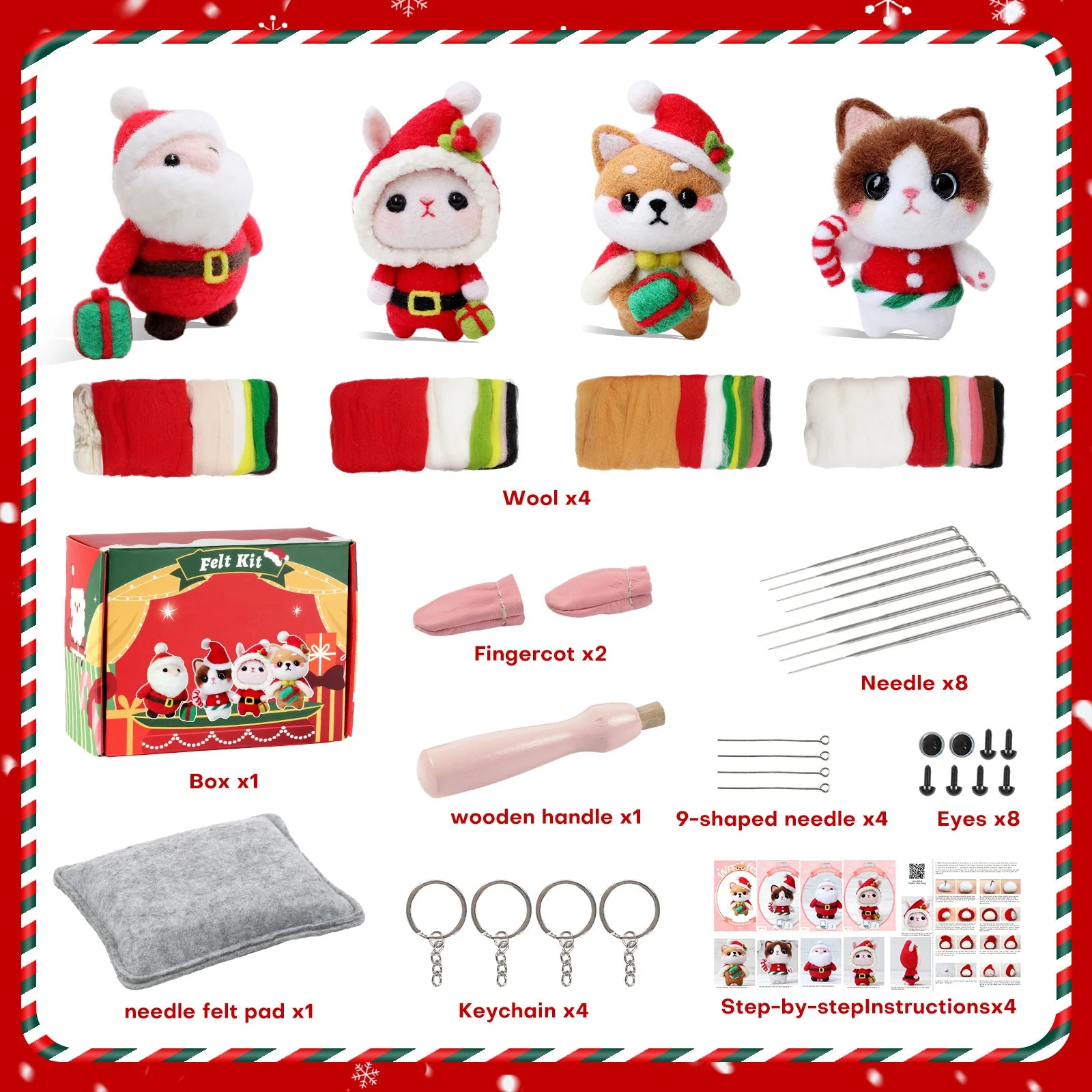 Christmas Bunny, Shiba Inu, Cat and Santa Needle Felting Kit. Wizardi DIY Wool Craft Kit F07N8-Z-06 - Image 10