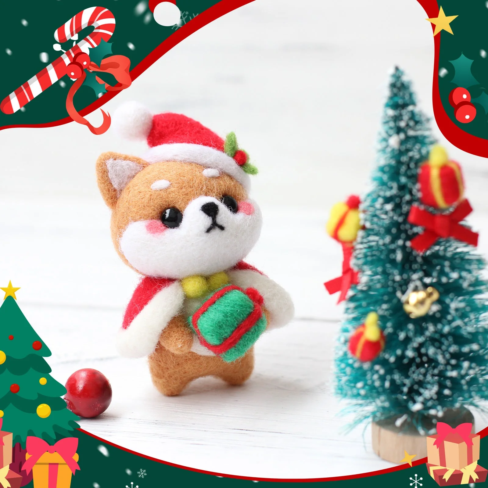 Christmas Bunny, Shiba Inu, Cat and Santa Needle Felting Kit. Wizardi DIY Wool Craft Kit F07N8-Z-06 - Image 2