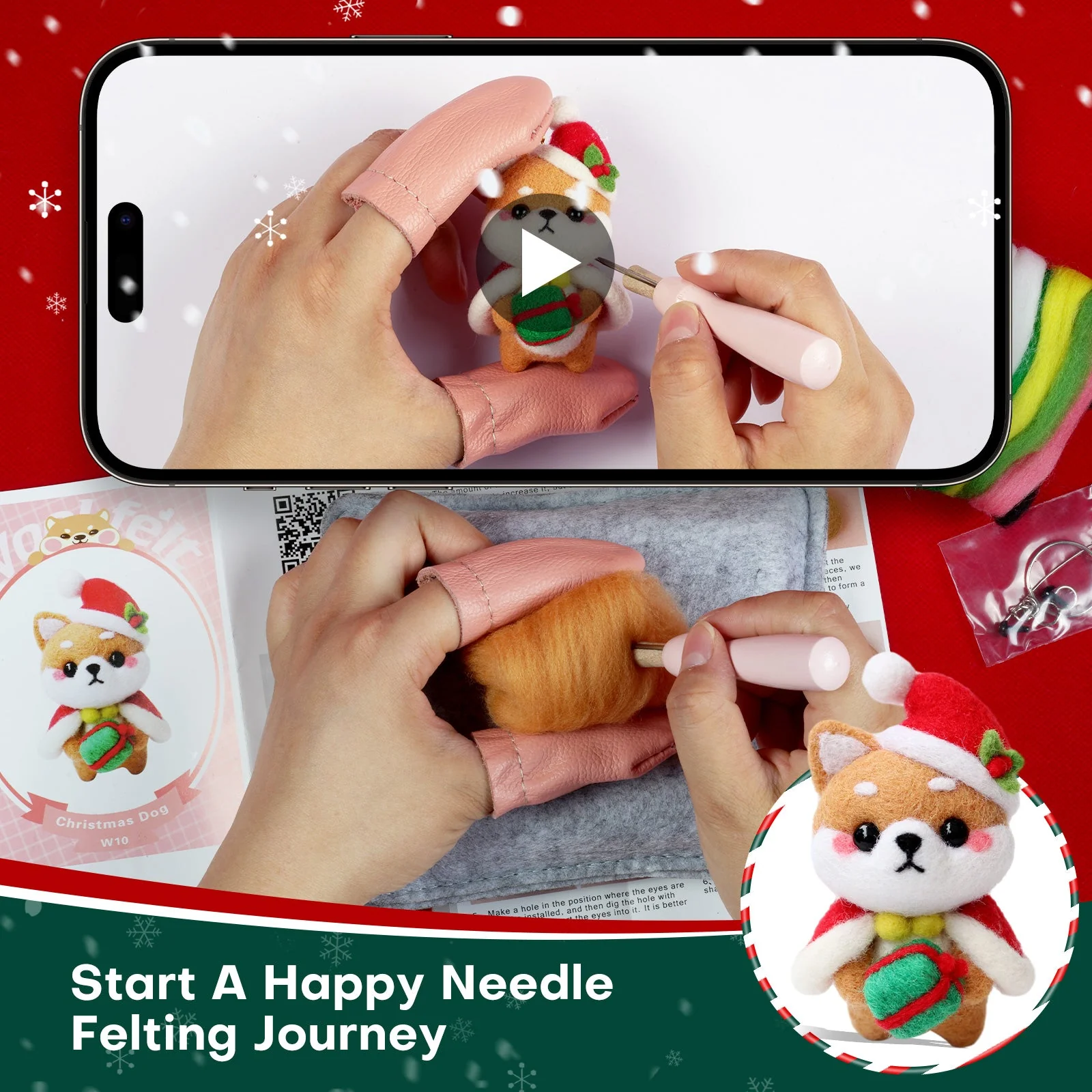 Christmas Bunny, Shiba Inu, Cat and Santa Needle Felting Kit. Wizardi DIY Wool Craft Kit F07N8-Z-06 - Image 3