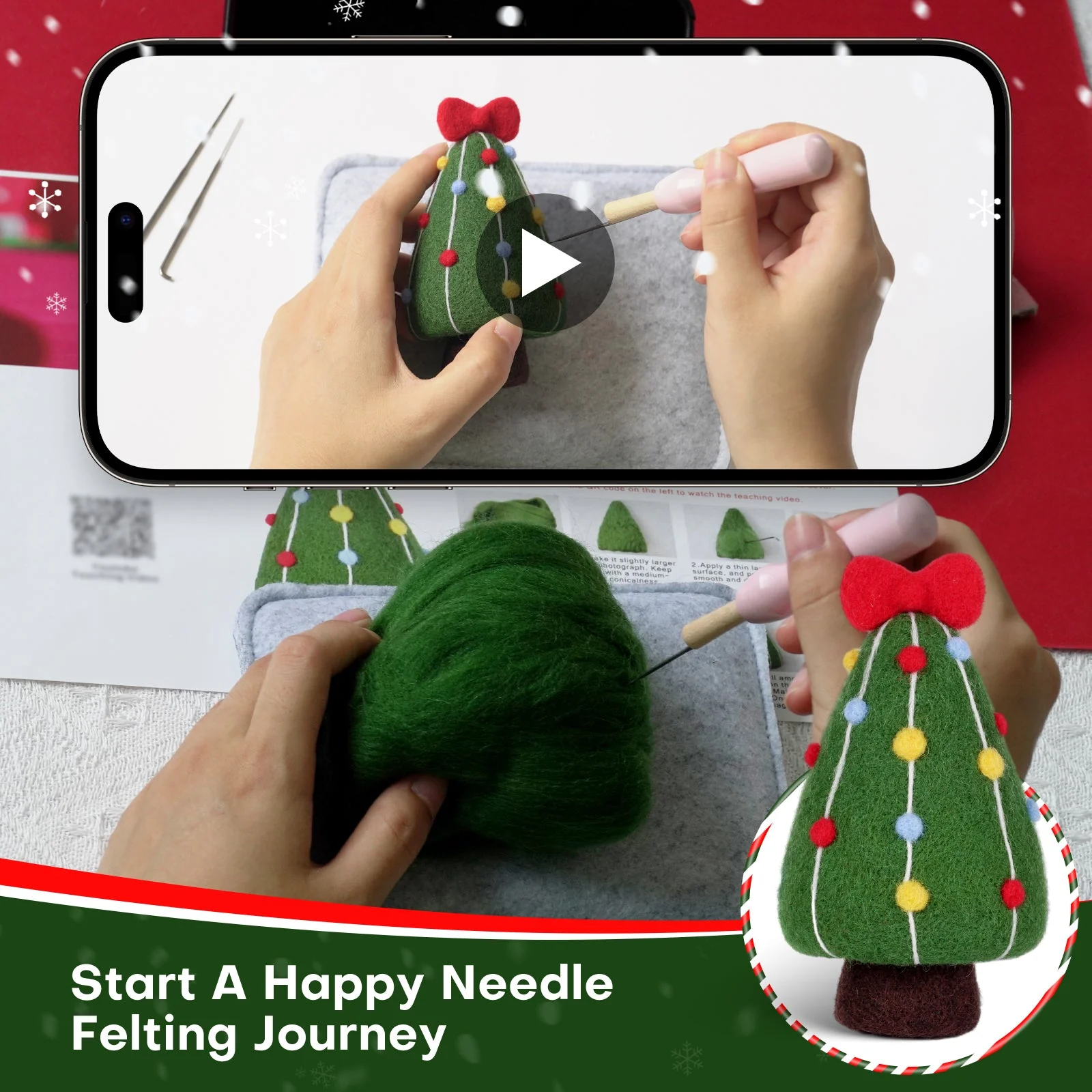 Christmas Donut, Bell, Tree and Reindeer Needle Felting Kit. Wizardi DIY Wool Craft Kit F07N8-Z-11 - Image 2