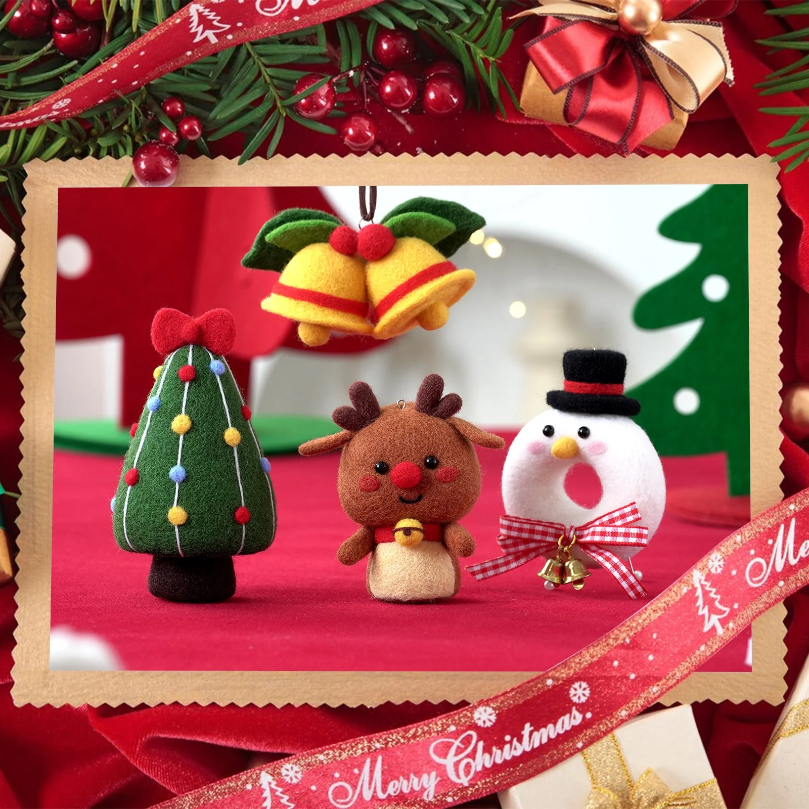 Christmas Donut, Bell, Tree and Reindeer Needle Felting Kit. Wizardi DIY Wool Craft Kit F07N8-Z-11 - Image 3