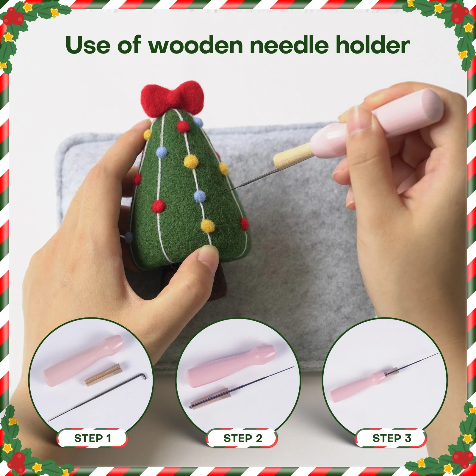 Christmas Donut, Bell, Tree and Reindeer Needle Felting Kit. Wizardi DIY Wool Craft Kit F07N8-Z-11 - Image 4