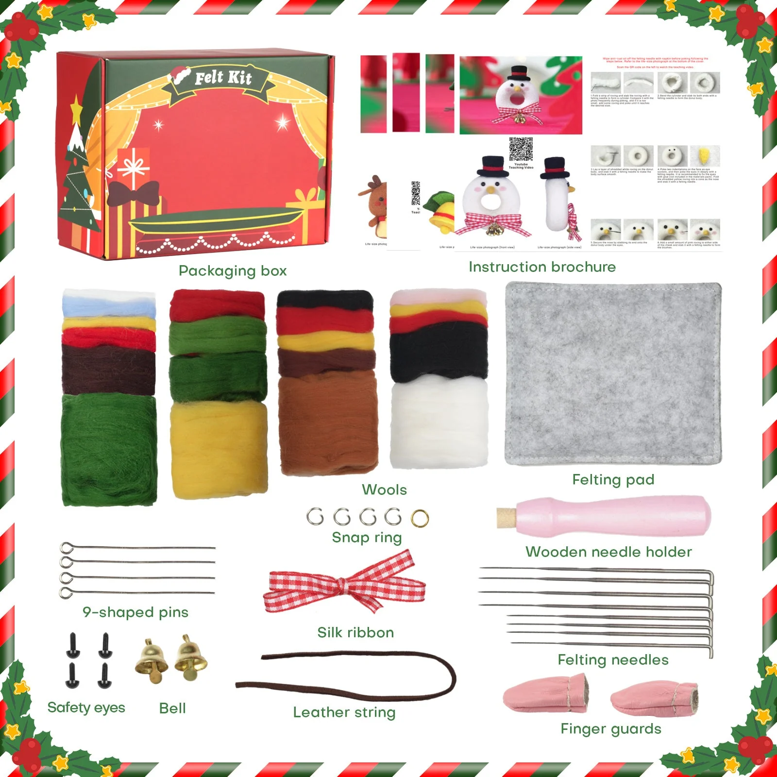 Christmas Donut, Bell, Tree and Reindeer Needle Felting Kit. Wizardi DIY Wool Craft Kit F07N8-Z-11 - Image 8