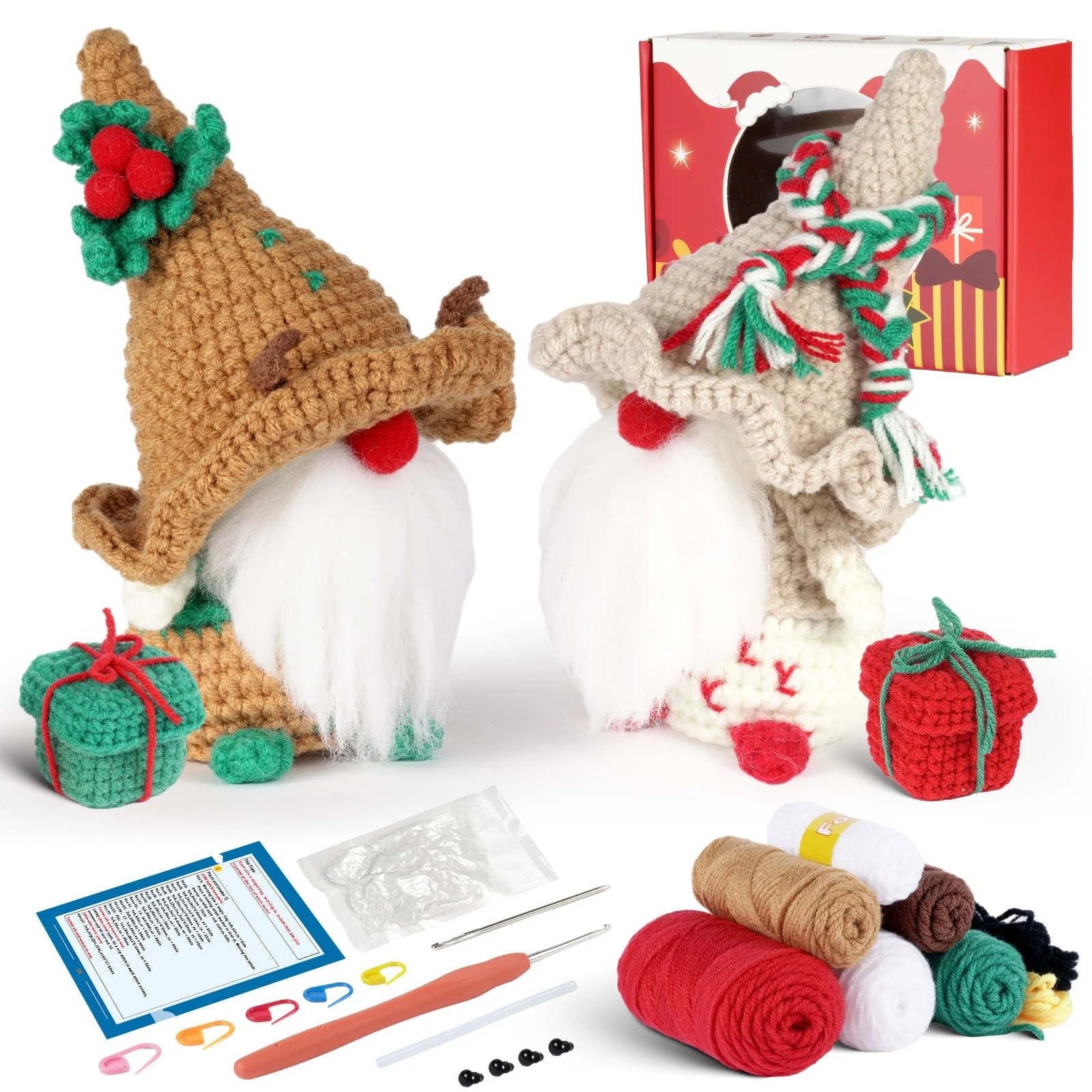 Christmas Gnome with Brown Hat Amigurumi DIY Crochet Kit Wizardi F07N8-M110 - Image 3