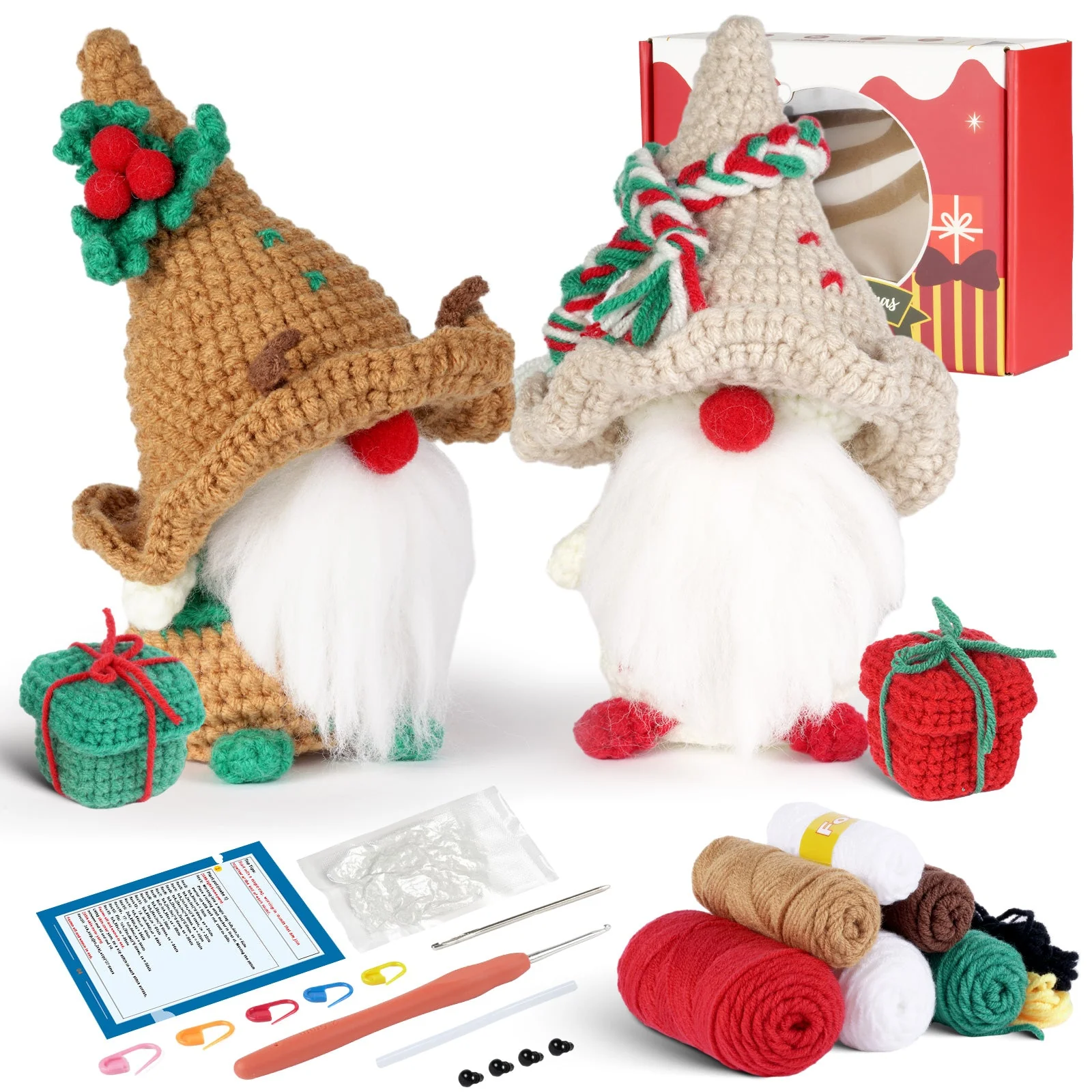 Christmas Gnome with White Hat Amigurumi DIY Crochet Kit Wizardi F07N8-M109 - Image 2