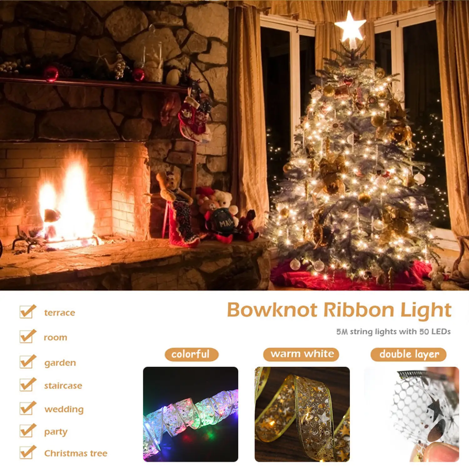 Christmas Ribbon Bow Tie with Fairy Lights for Holiday Decor - Image 4