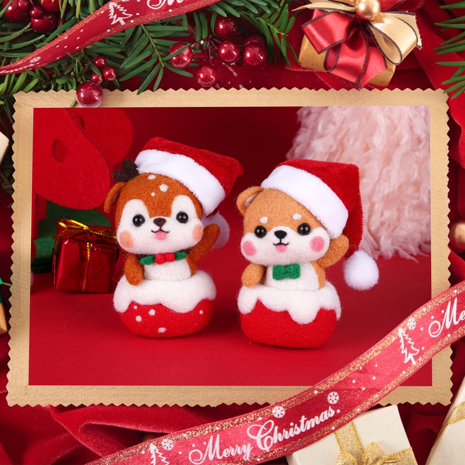 Christmas Shiba Inu and Piggy Needle Felting Kit. Wizardi DIY Wool Craft Kit F07N8-Z-12 - Image 3