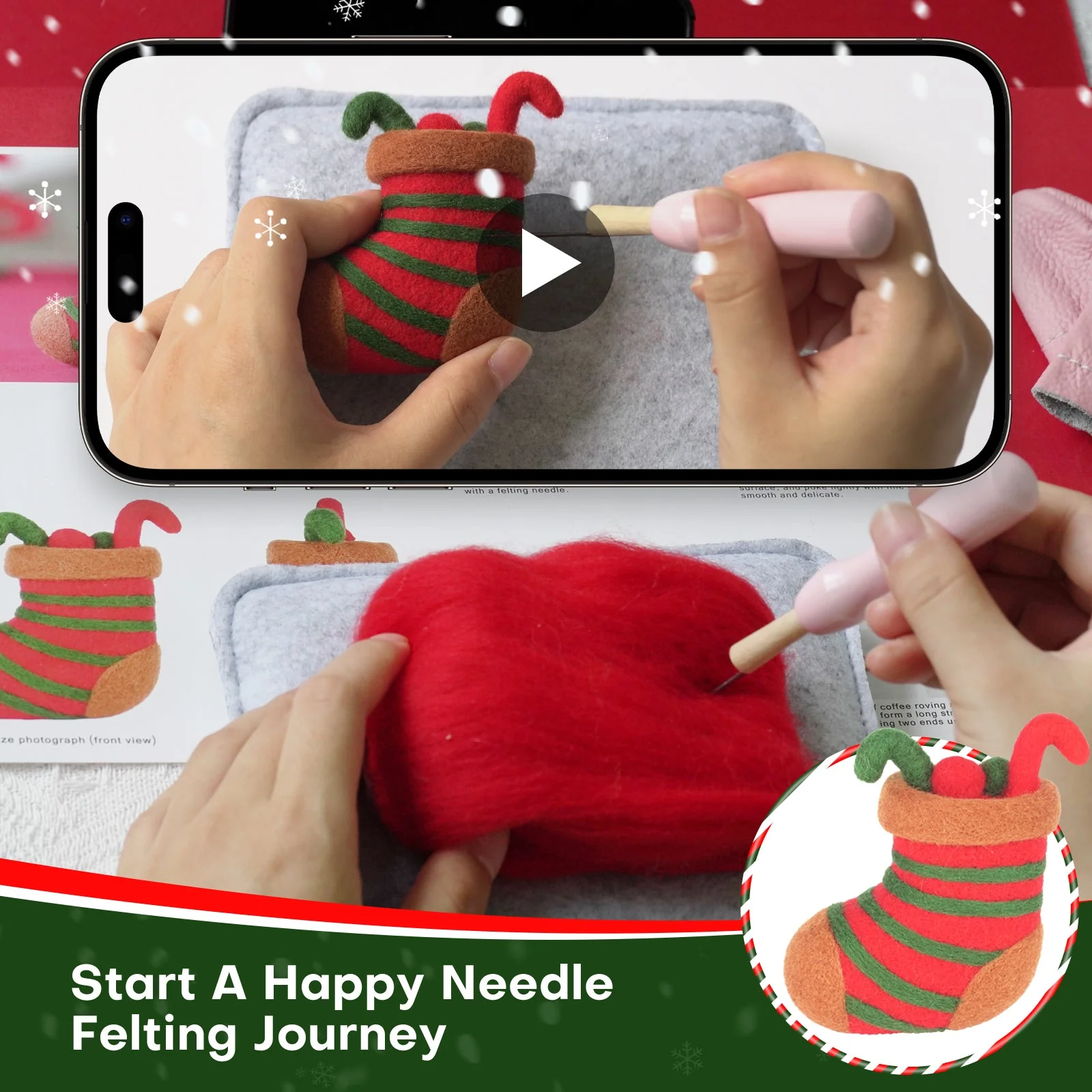 Christmas Tree, Stocking, Gingerbread man and Santa Needle Felting Kit. Wizardi DIY Wool Craft Kit F07N8-Z-10 - Image 2