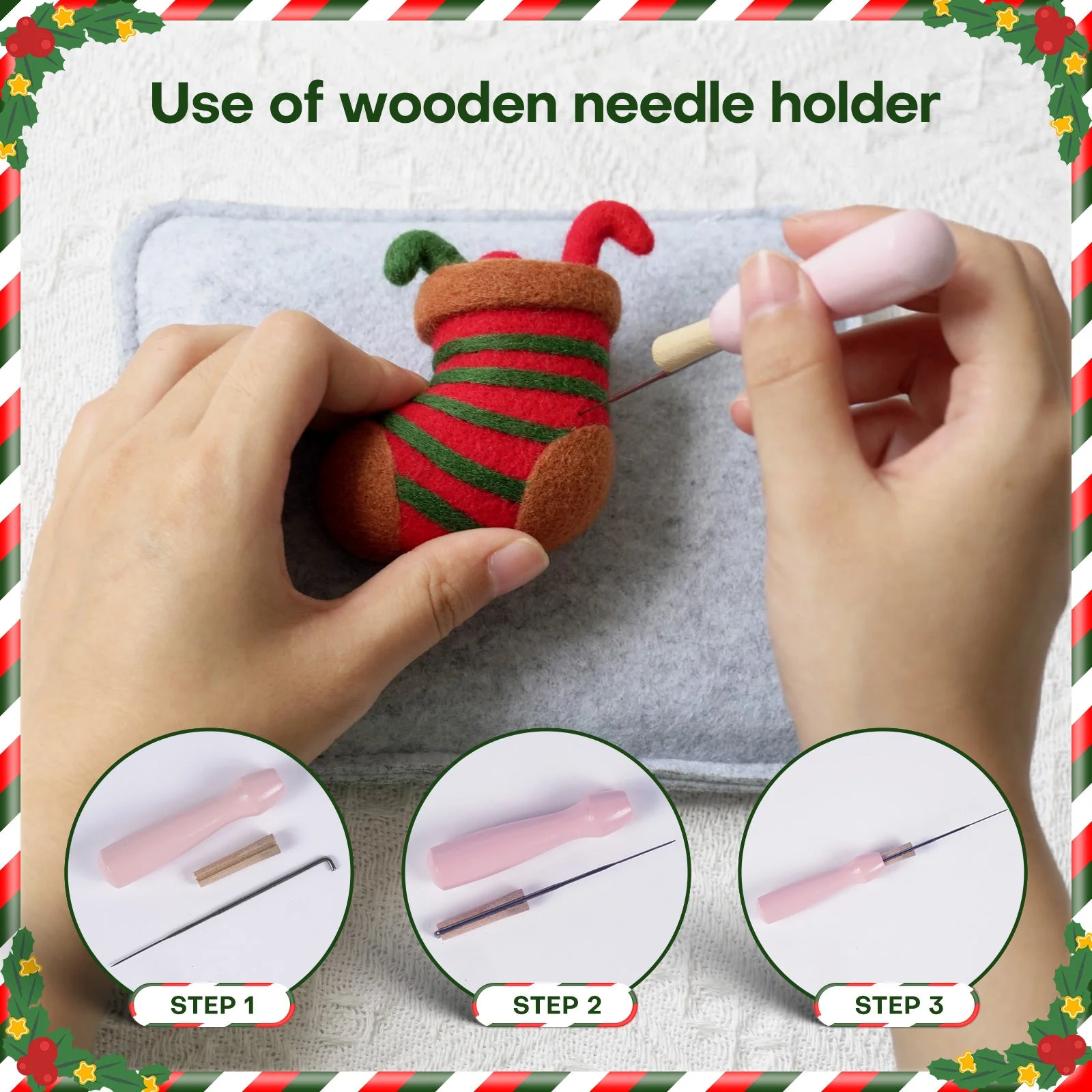Christmas Tree, Stocking, Gingerbread man and Santa Needle Felting Kit. Wizardi DIY Wool Craft Kit F07N8-Z-10 - Image 3