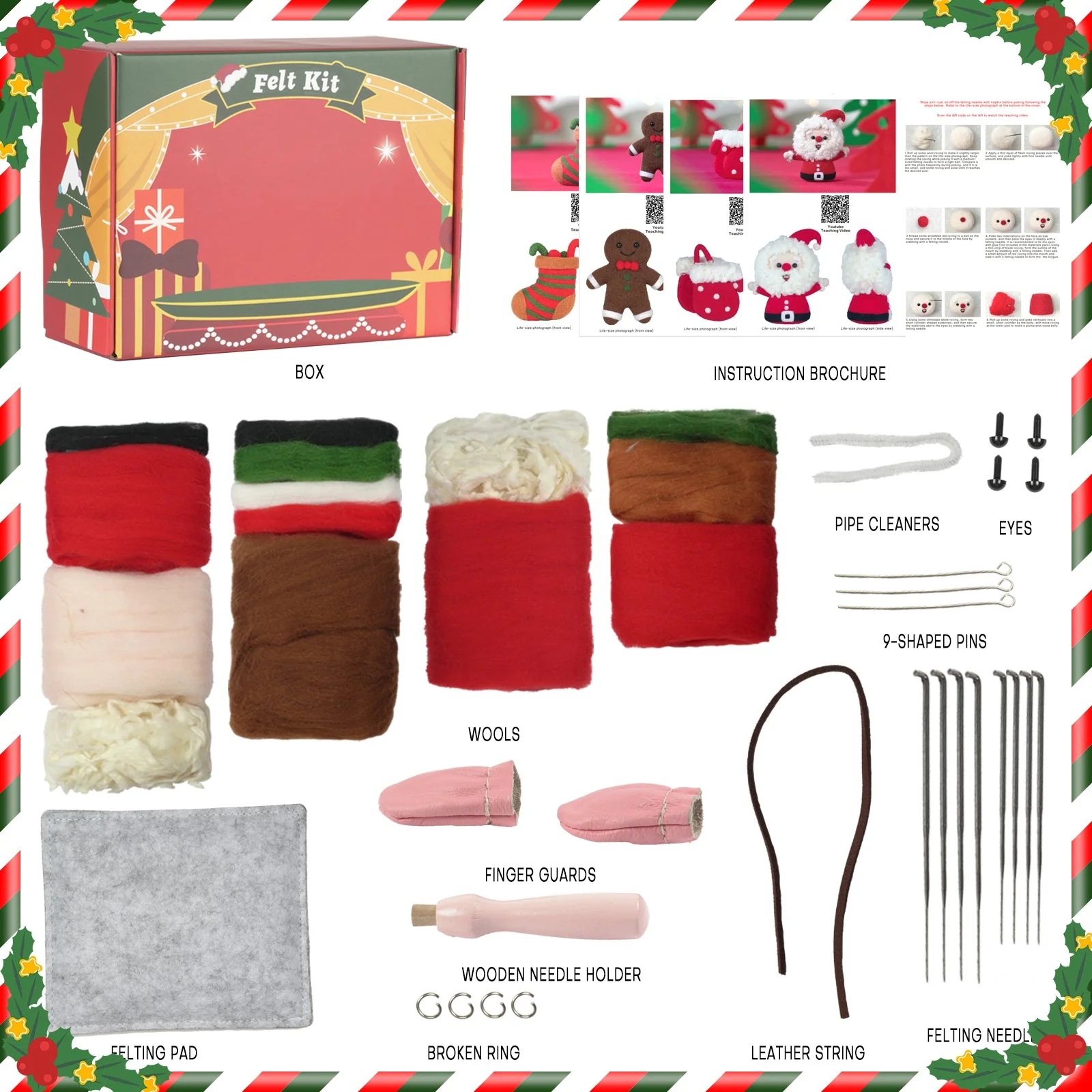 Christmas Tree, Stocking, Gingerbread man and Santa Needle Felting Kit. Wizardi DIY Wool Craft Kit F07N8-Z-10 - Image 8