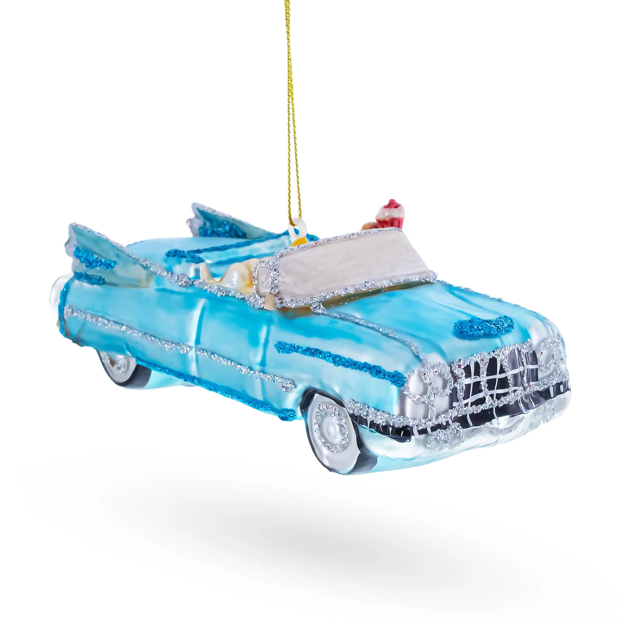 Classic Convertible Blue Retro Car Glass Christmas Ornament - Image 2