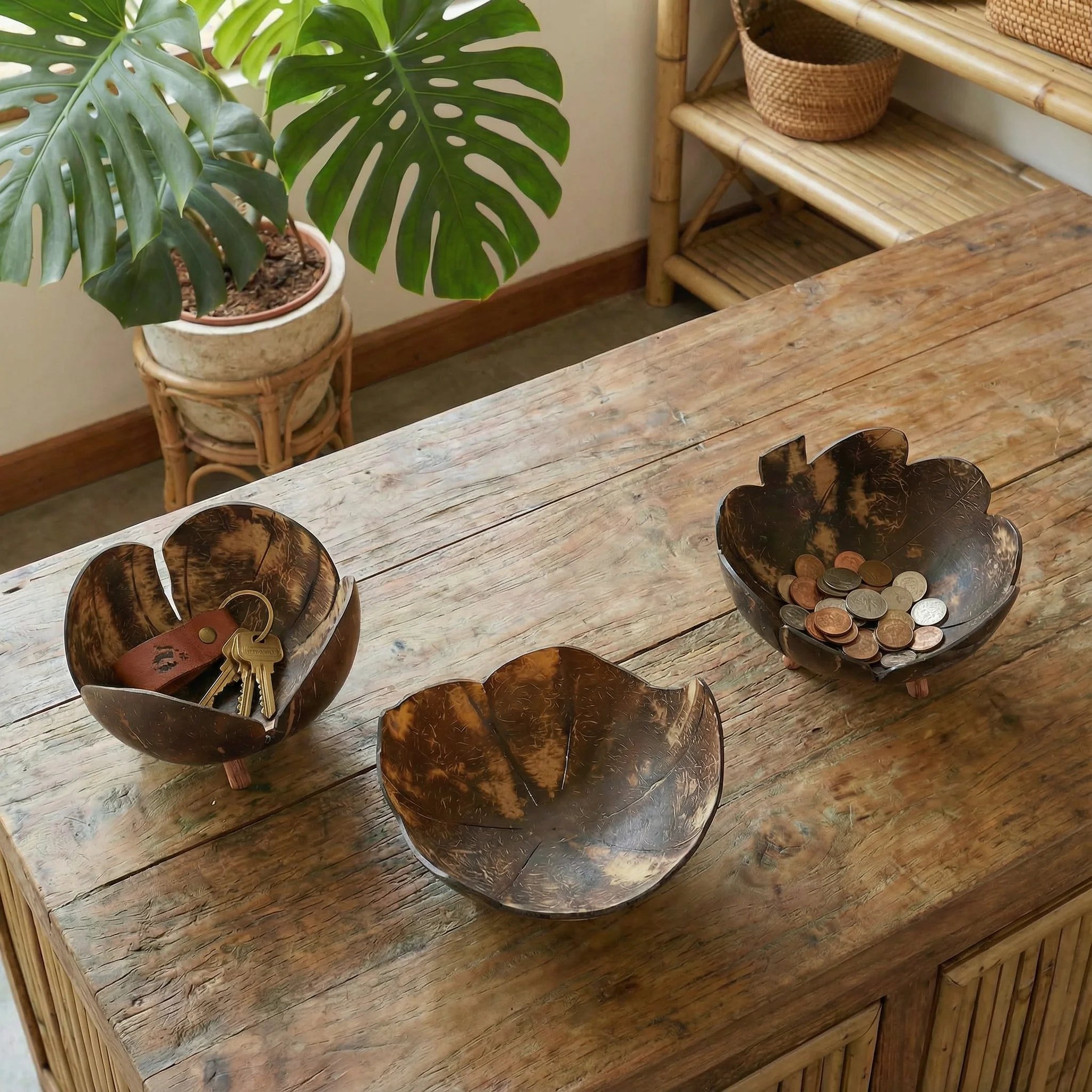 Coconut Bowls in Set of 3 | Decorative Boho Rustic Footed Bowls - Image 3