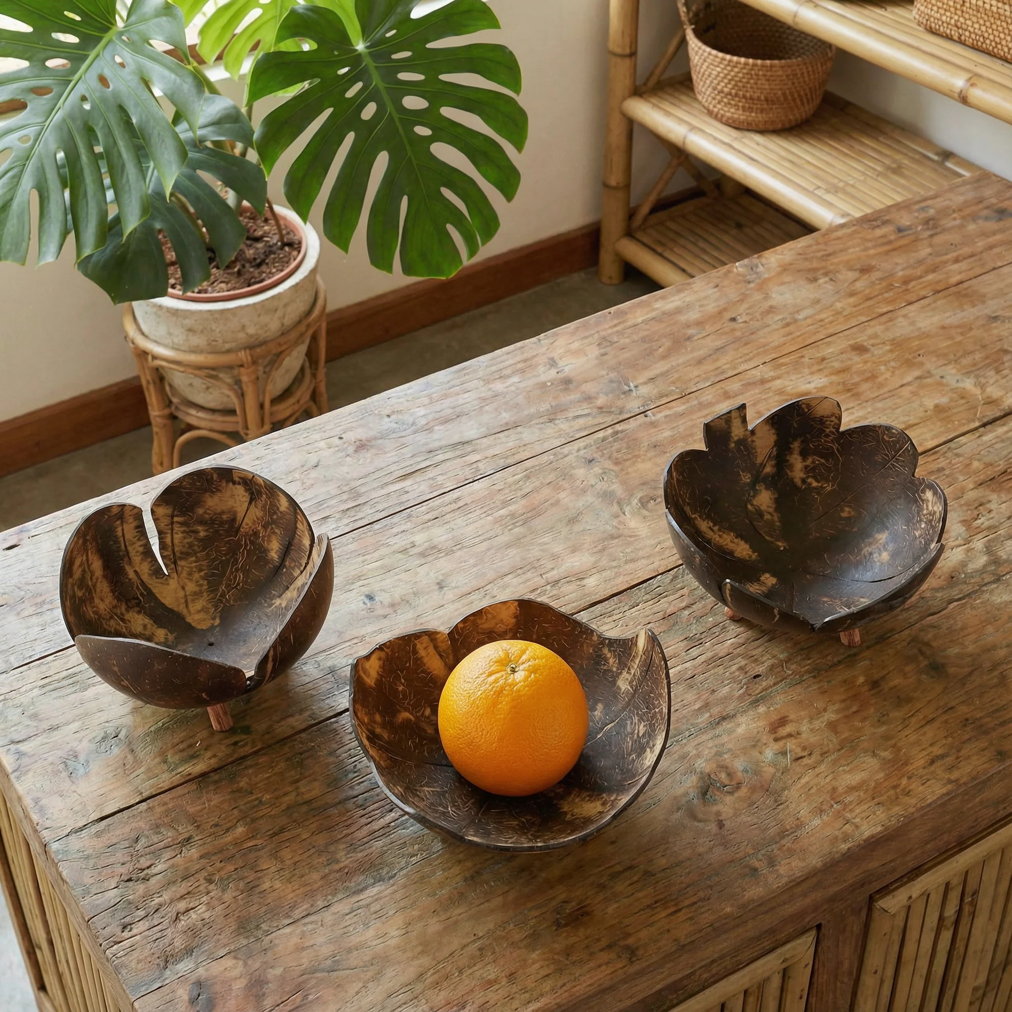 Coconut Bowls in Set of 3 | Decorative Boho Rustic Footed Bowls - Image 4