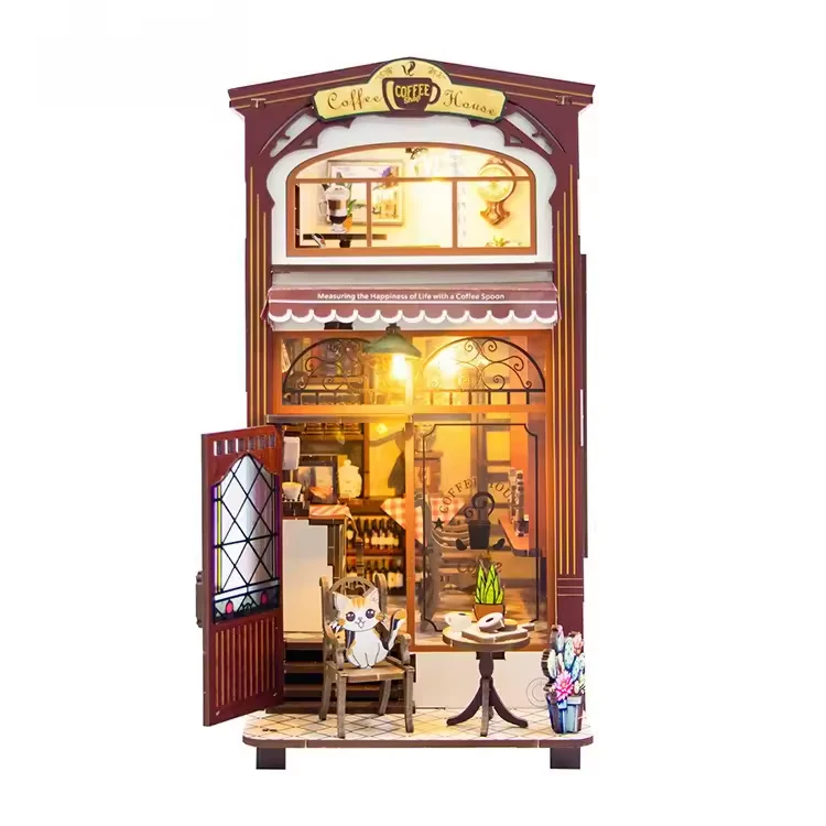 Coffee House Dollhouse Kit - Miniature Wizardi Roombox Kit with LED Light F07M51-84-M2411 - Image 2