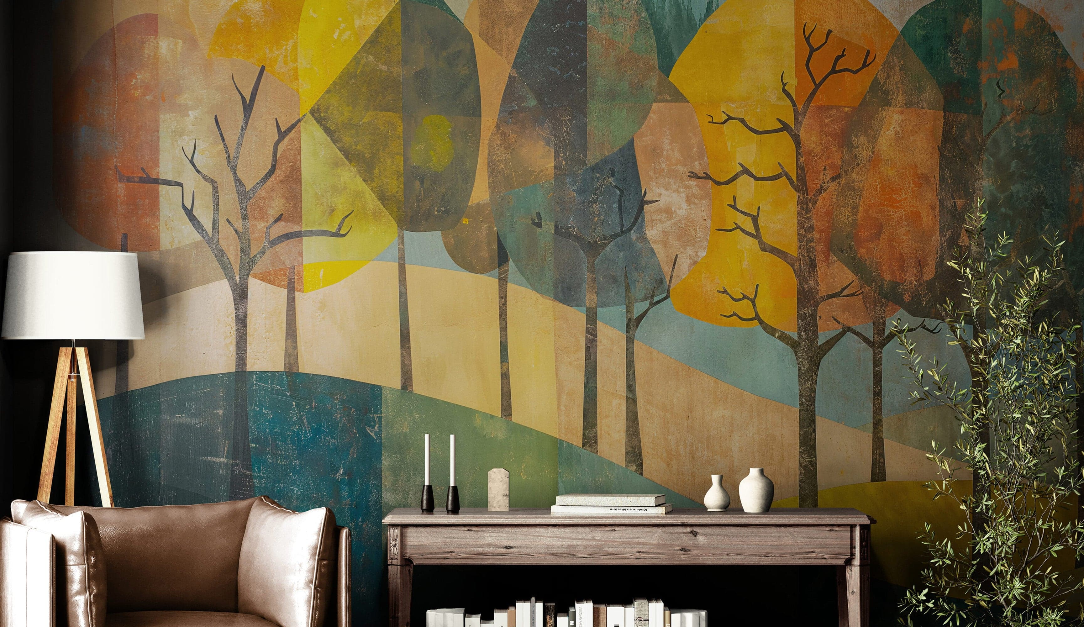 Colorful Abstract Tree Painting Wallpaper Mural. #7020