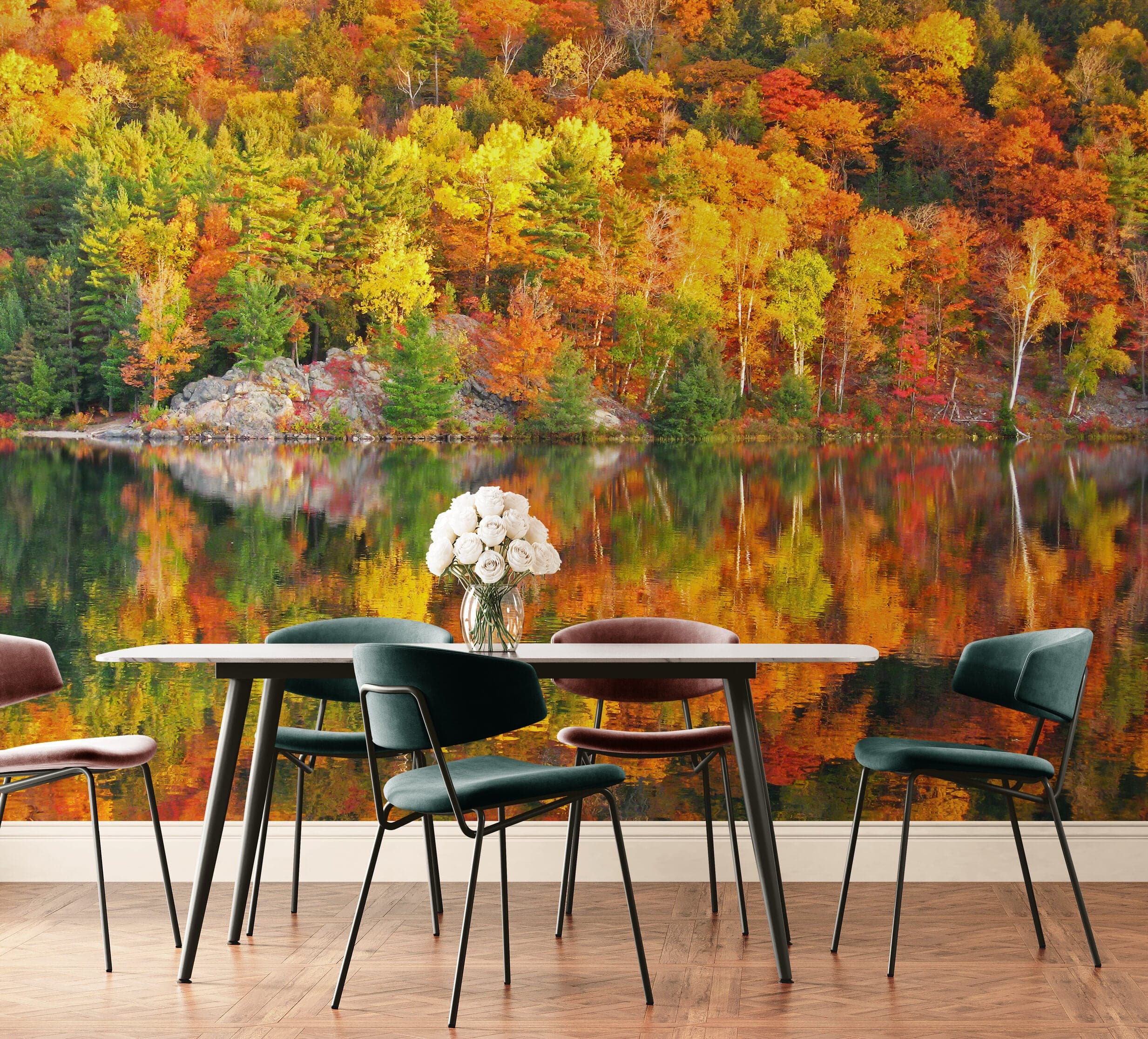 Colorful Autumn Forest Over Lake Wall Mural. Fall Foliage. #7052 - Image 2