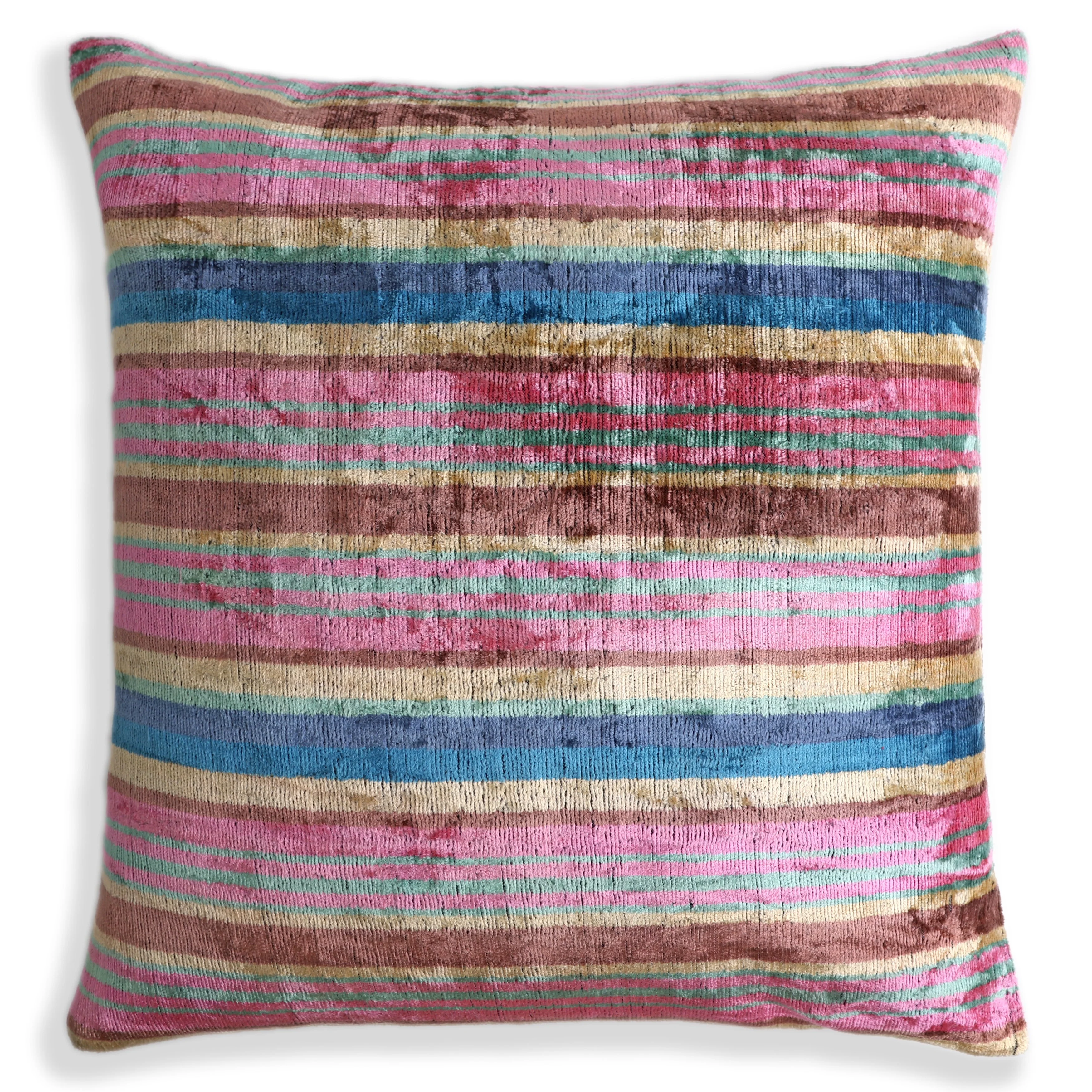 Colorful Striped Velvet Pillow – 16x16 Handmade Ikat Throw Cushion - Image 5