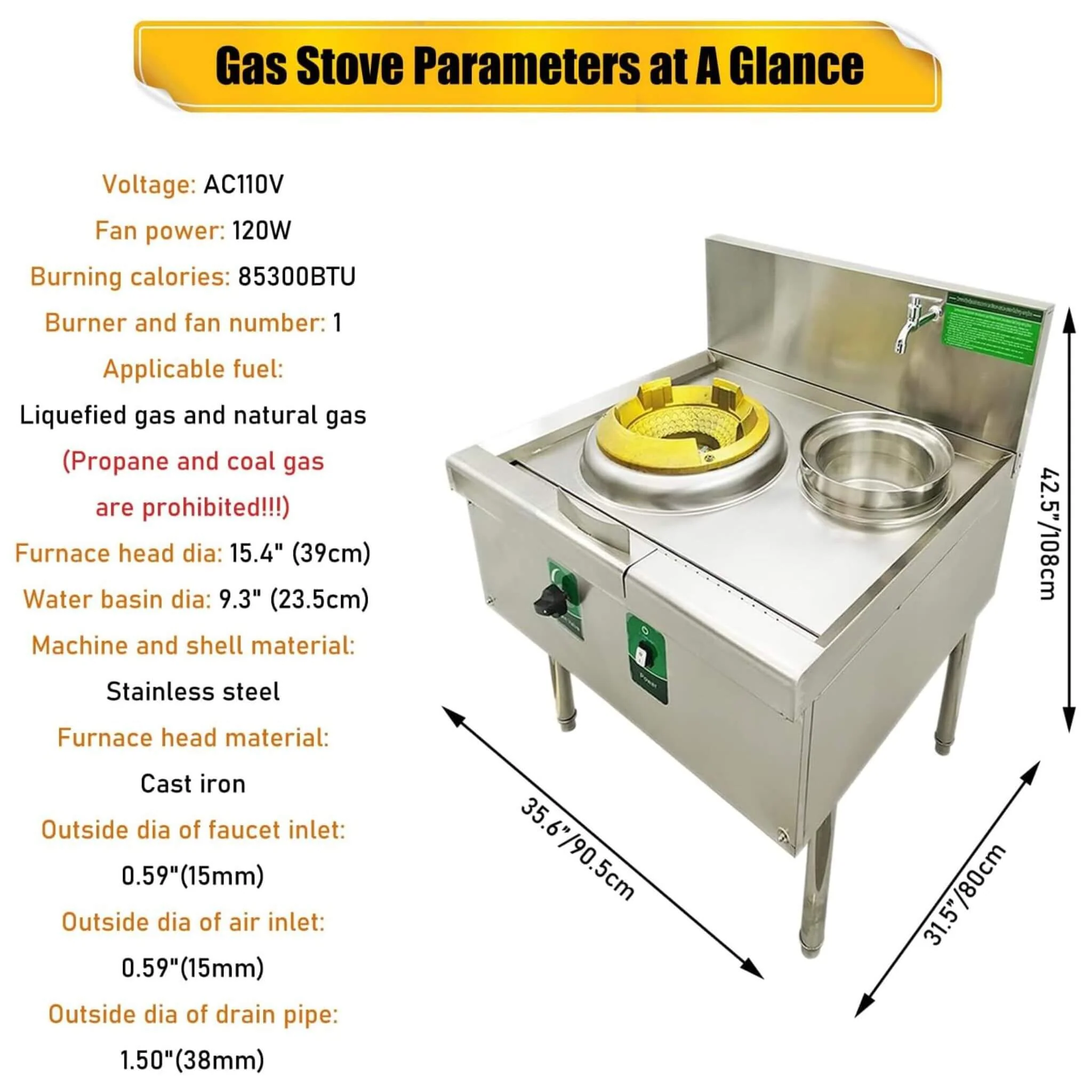Commercial 85300 BTU Stainless Steel Single-Burner LPG NG Wok Stove (SAK46827) - Image 9