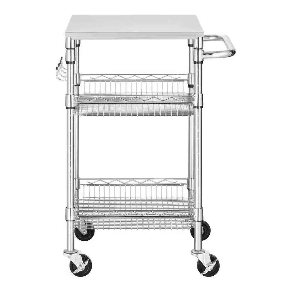 Compact Kitchen Cart with Stainless Steel Top and 2 Bottom Storage Shelves - Image 2