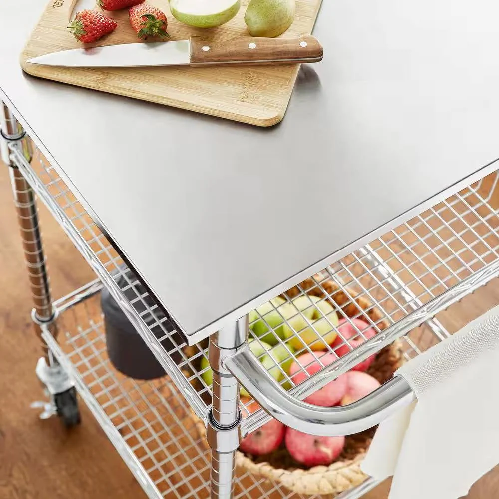 Compact Kitchen Cart with Stainless Steel Top and 2 Bottom Storage Shelves - Image 3